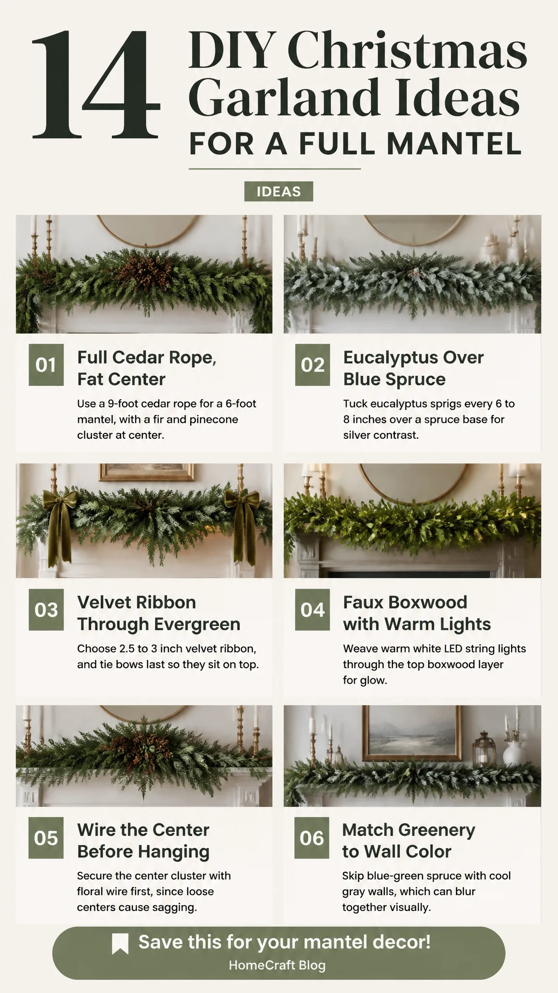 Infographic summary of 14 Evergreen and Ribbon DIY Christmas Garland Ideas That Fill a Mantel