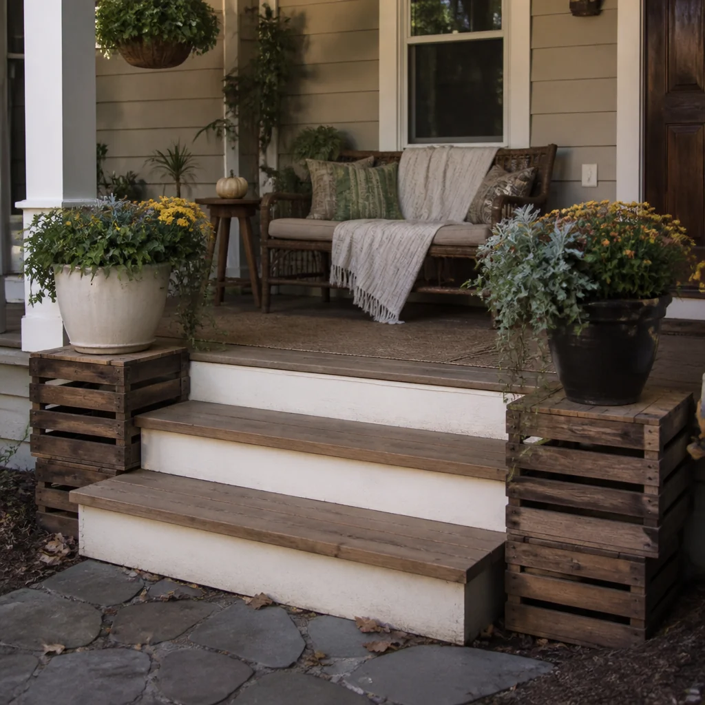 Stacked wooden crates at the bottom step corners