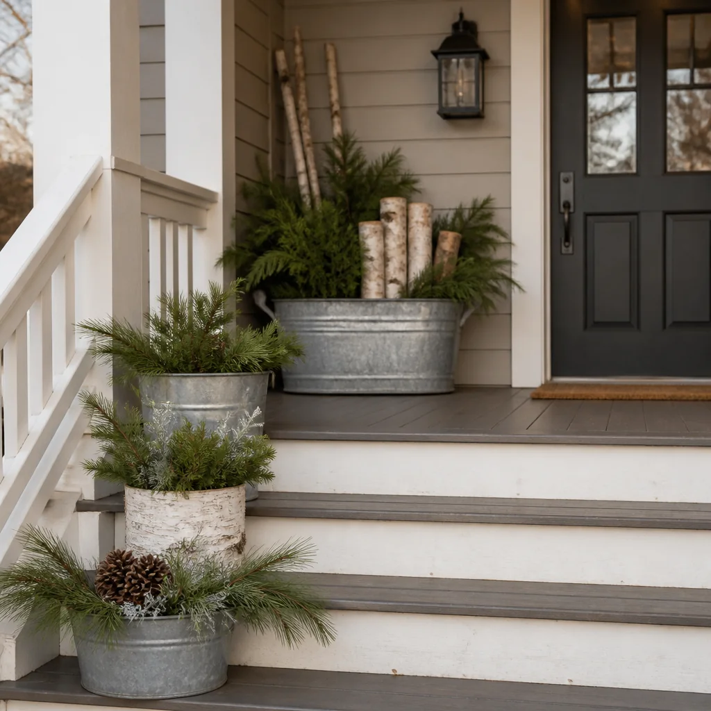 Galvanized tub of birch and cedar on the landing