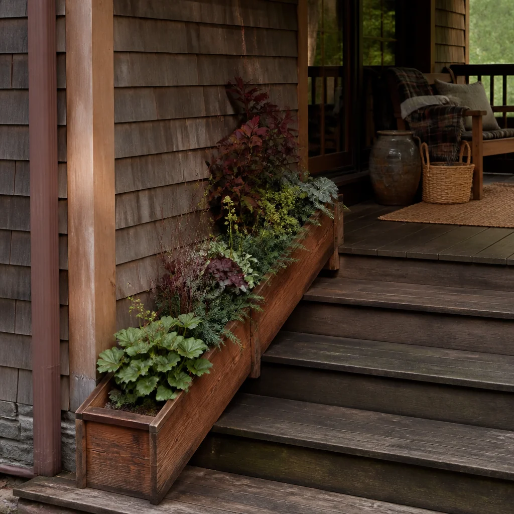 A low cedar trough running along the stair side