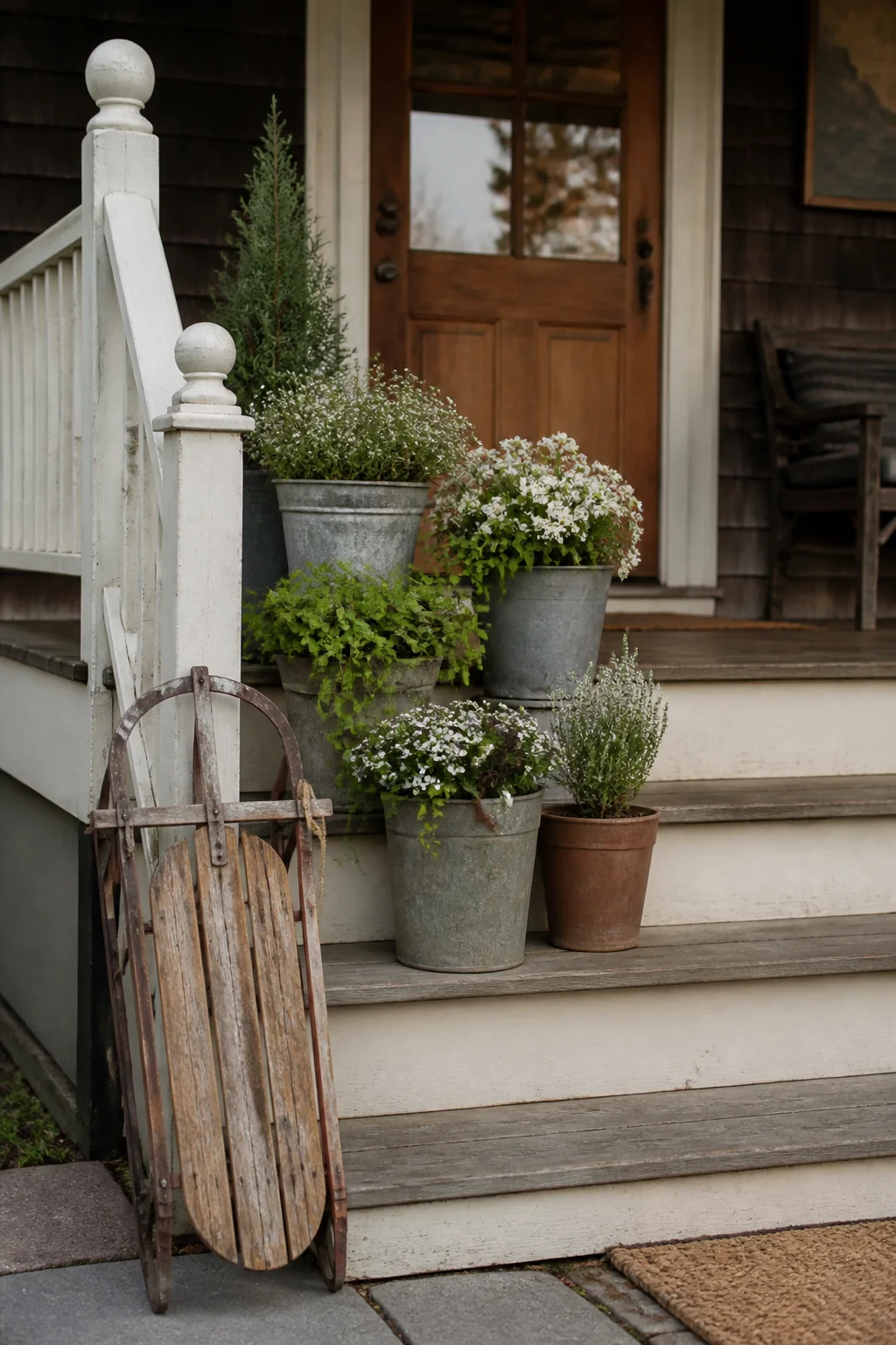 Weathered wooden sled propped against the bottom step