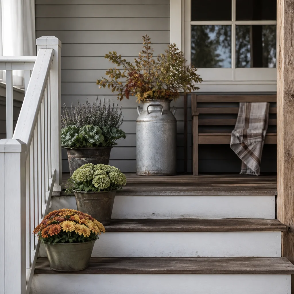 Tall milk can planter on the landing