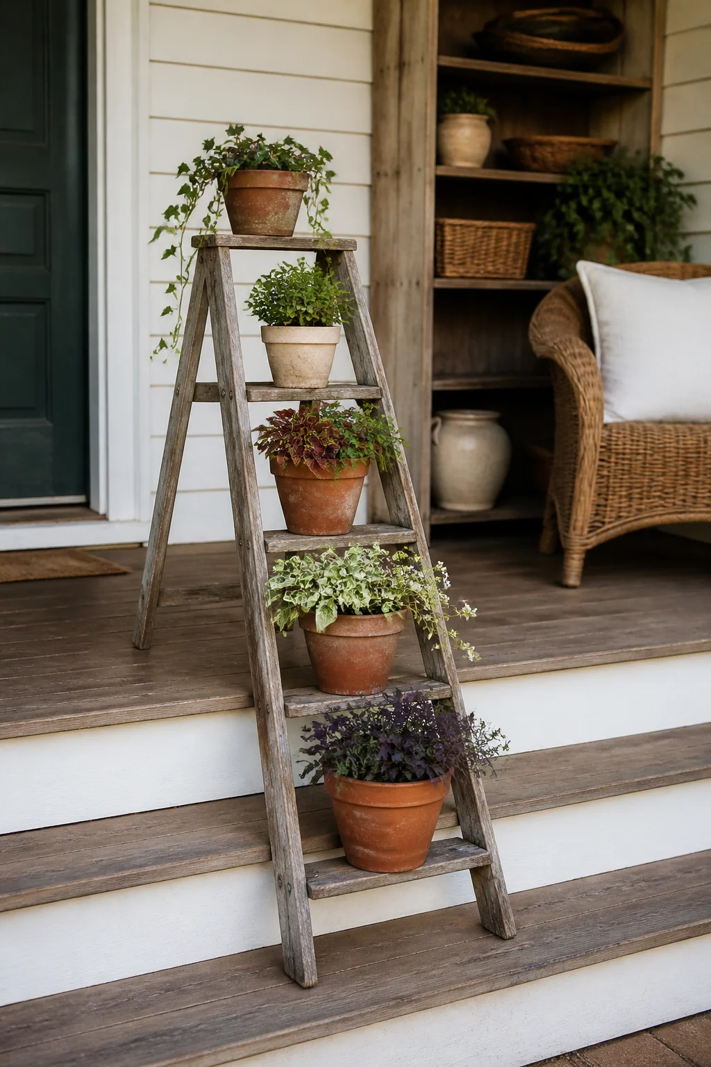 Stepladder with planters on the rungs
