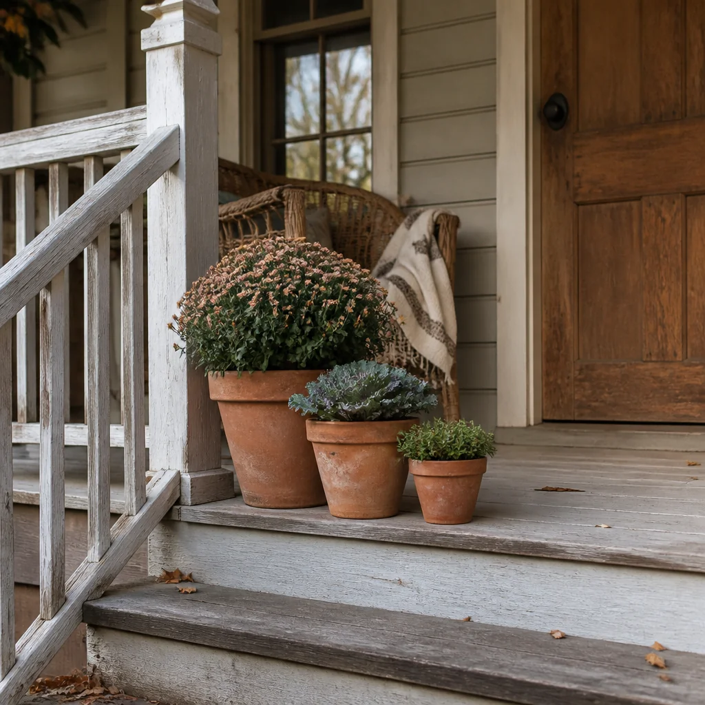 Terracotta pots grouped in three sizes on the top step