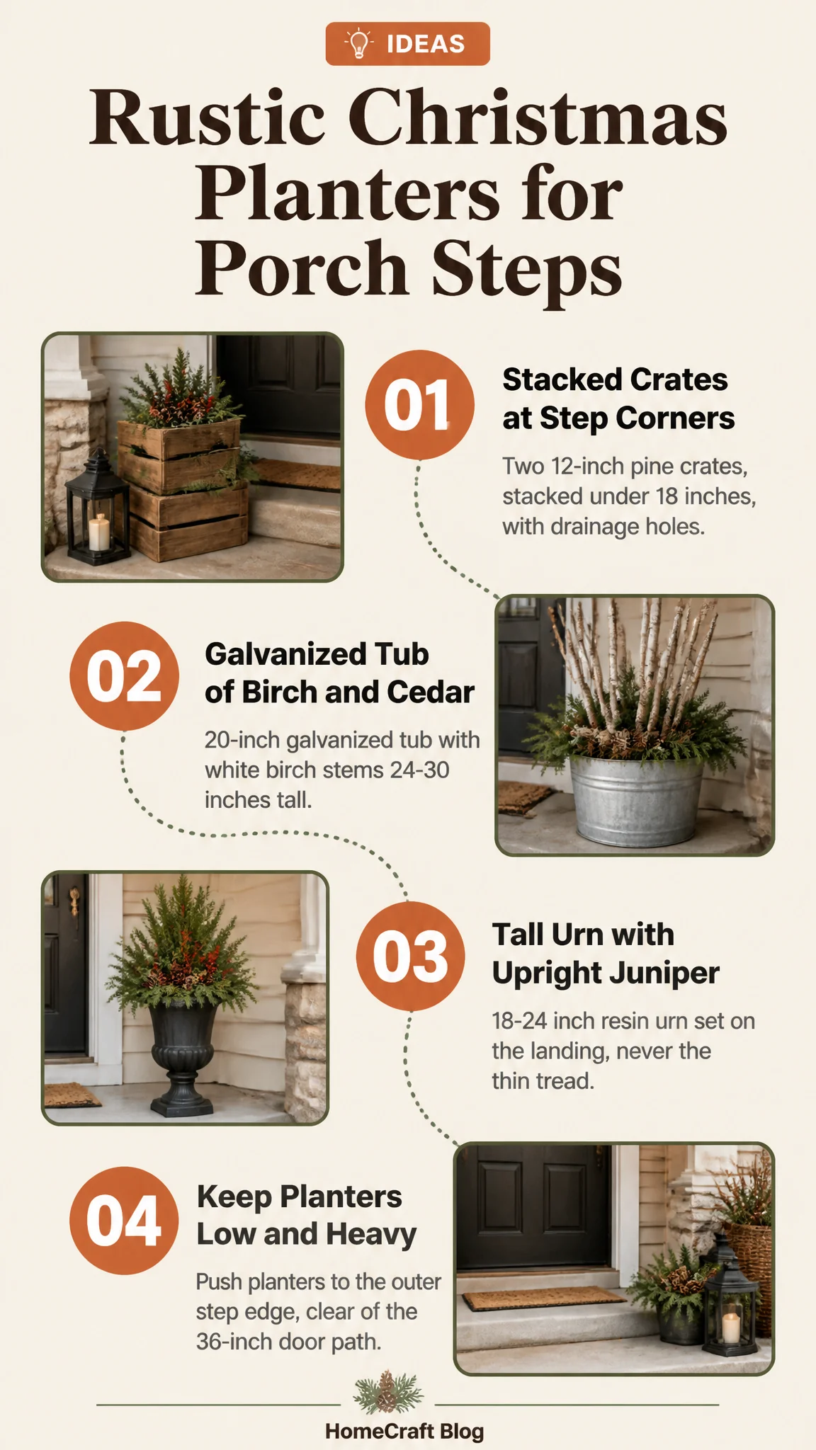 Infographic summary of 11 Rustic DIY Christmas Planter Ideas for Front Porch Steps