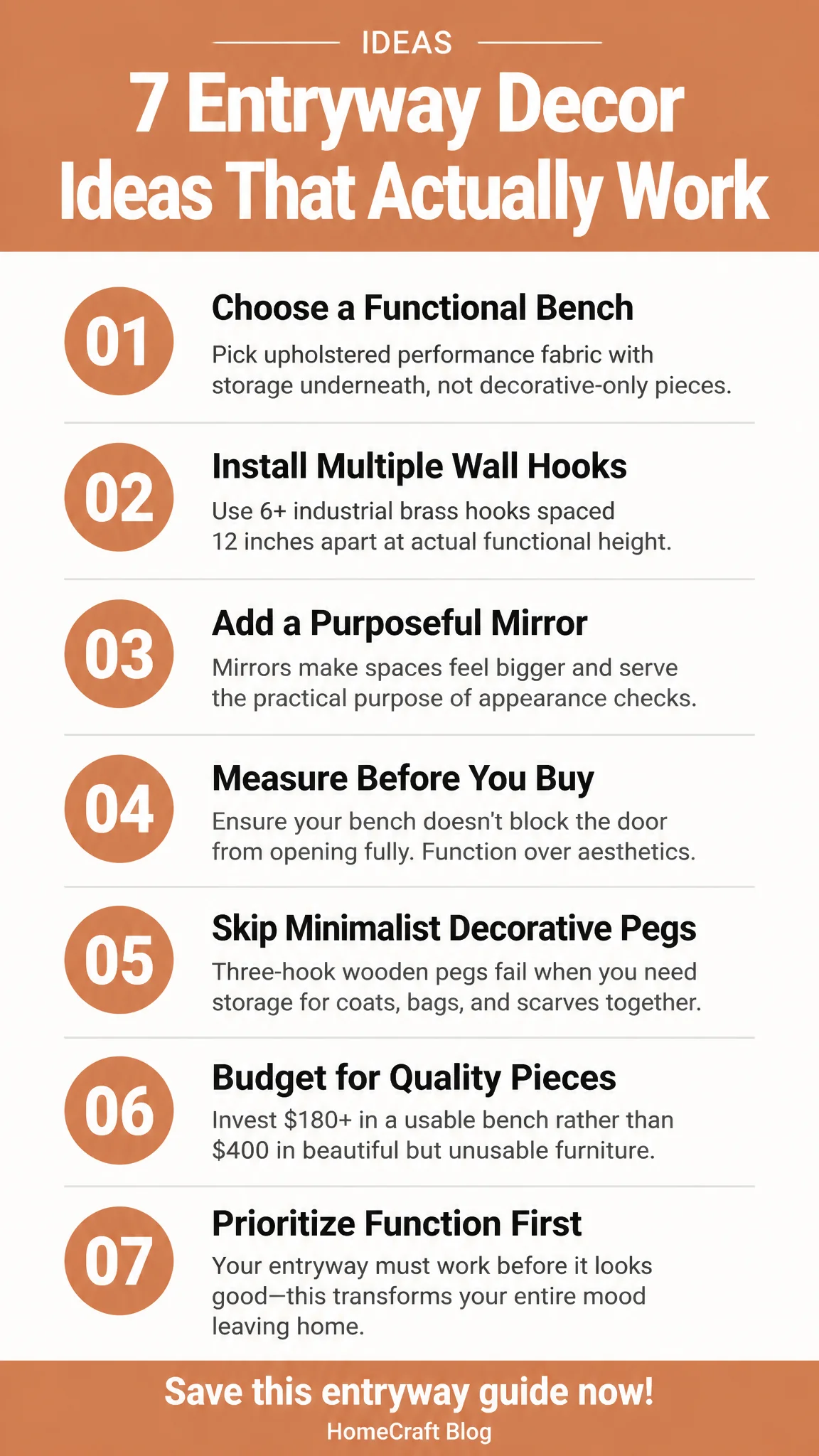 Infographic summary of 7 Entryway Decor Ideas That Hold Up to Daily Use (Plus What to Skip)