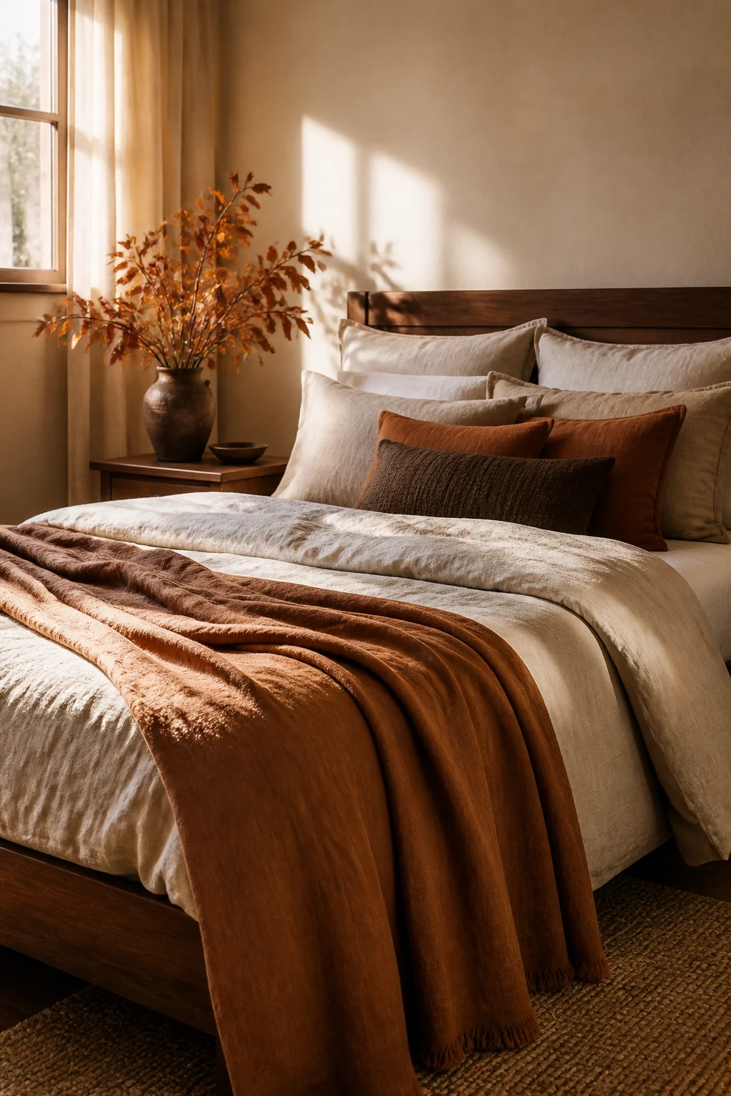 Layer a linen throw at the foot of the bed