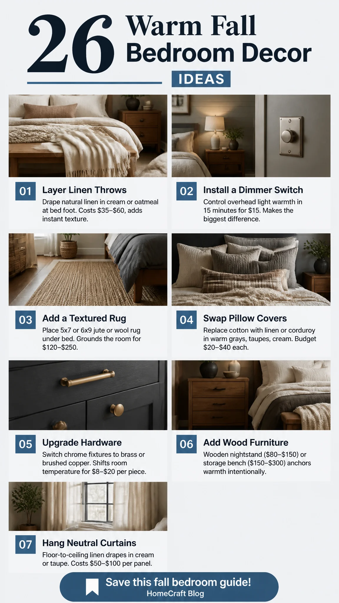 Infographic summary of 26 Fall Bedroom Decor Ideas That Warm Up the Room