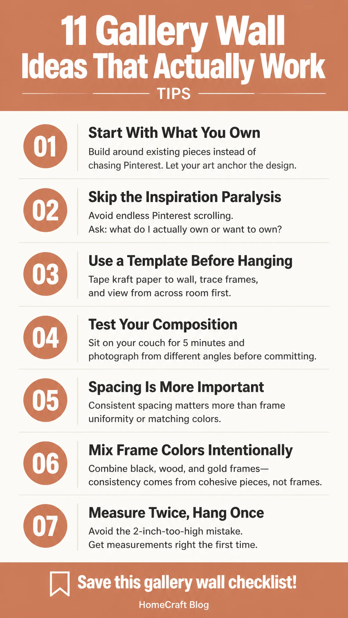 Infographic summary of Gallery Wall Ideas: Spacing, Height, and Frame Rules That Work