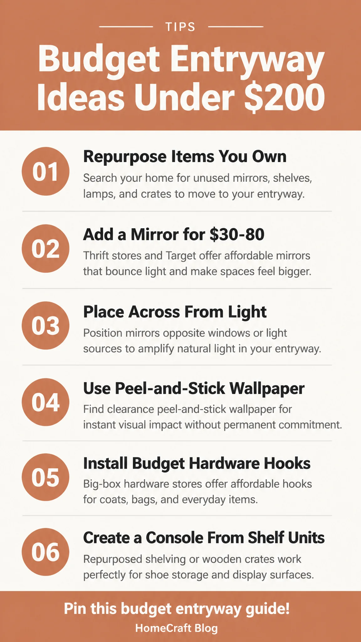Infographic summary of Home Entryway Ideas on a Budget: What to Do With a Bare Wall