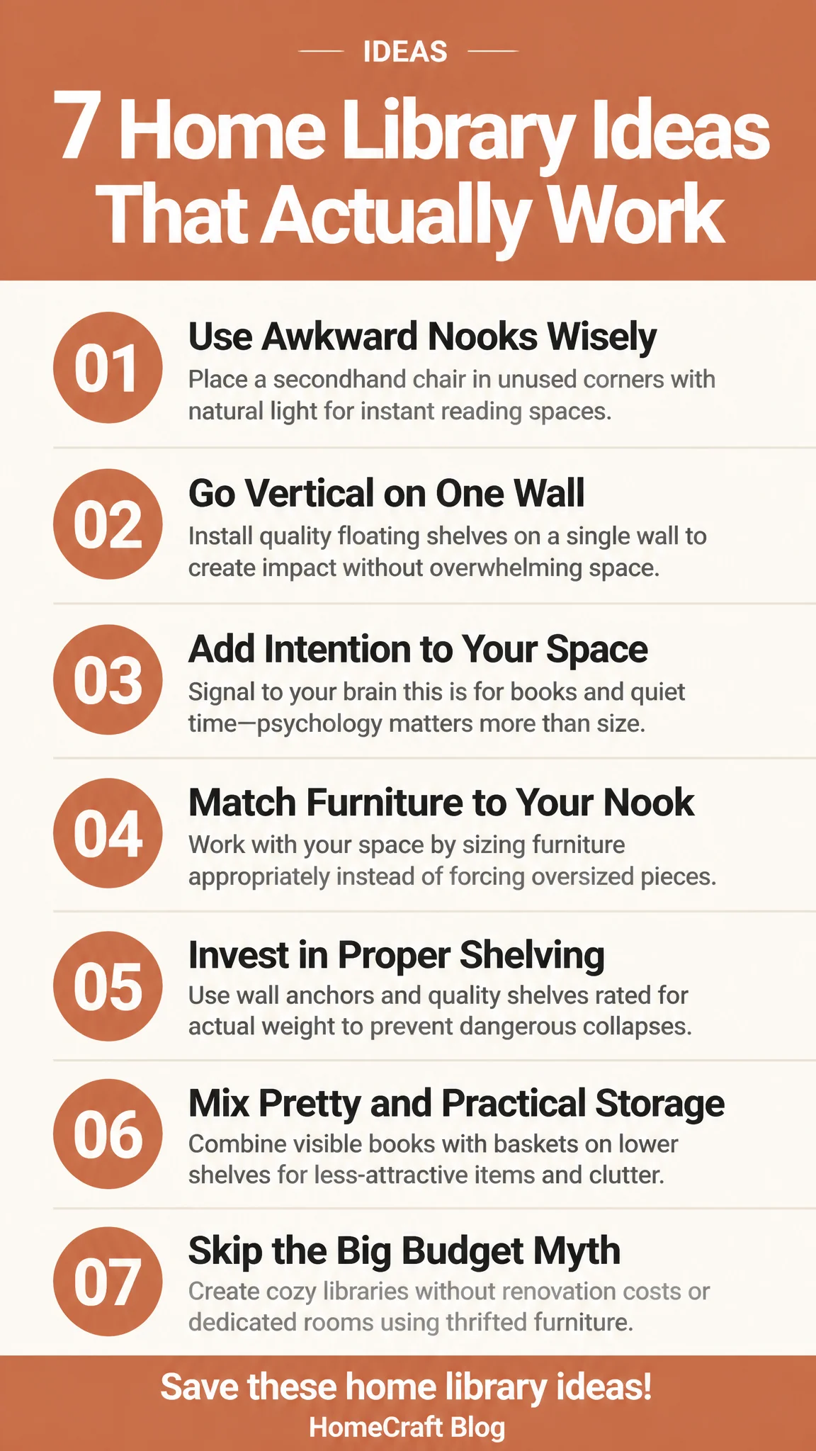 Infographic summary of 7 Home Library Ideas for Homes Without a Spare Room