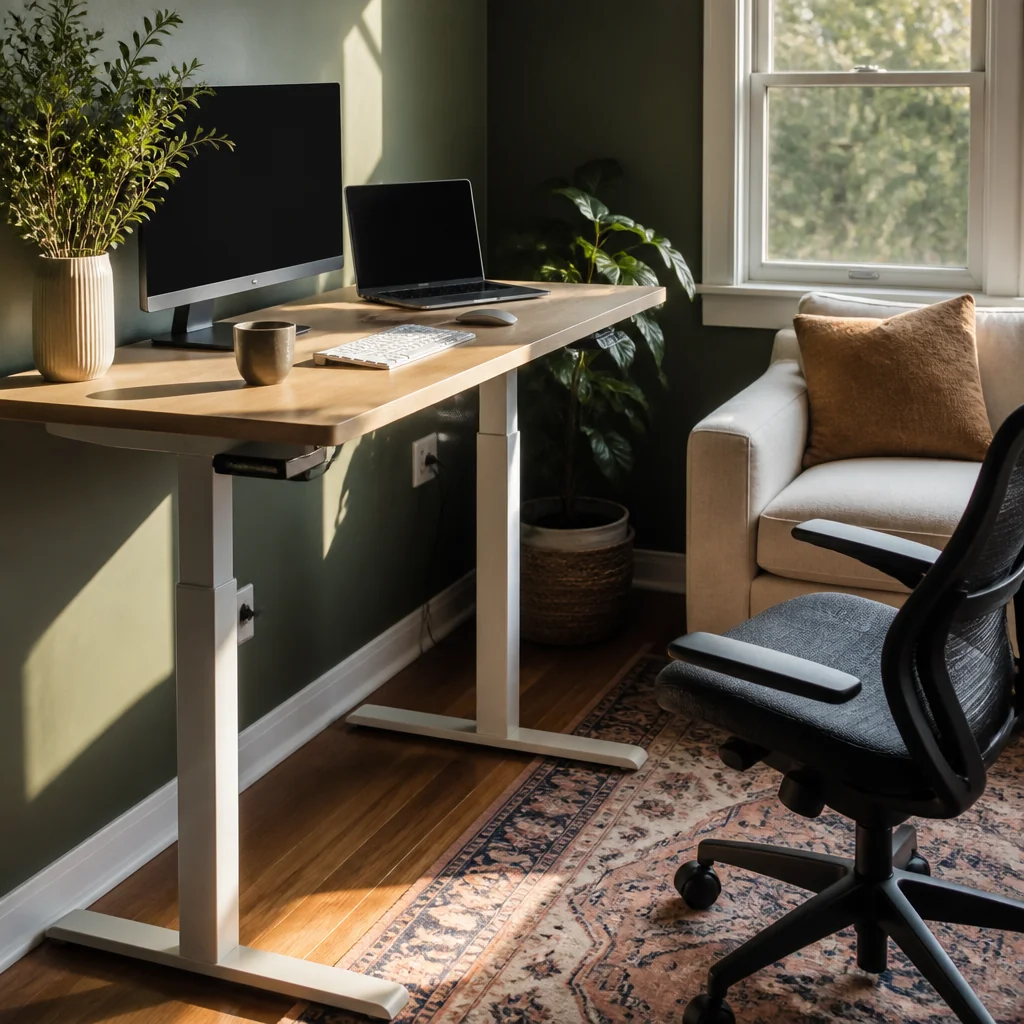 A motorized sit-stand desk raised to standing height in a home workspace