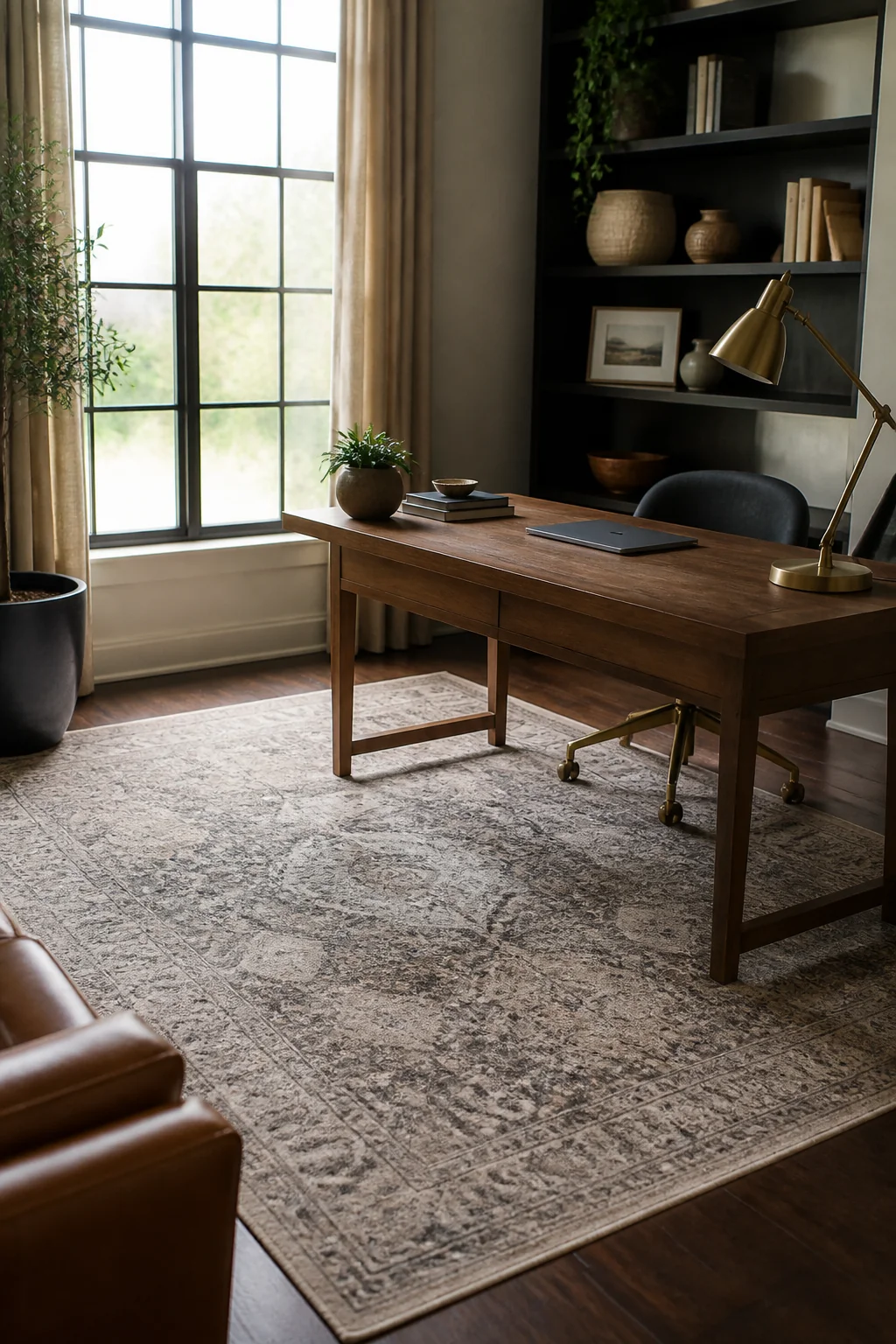 A neutral low pile rug marking out a desk area in a shared living room