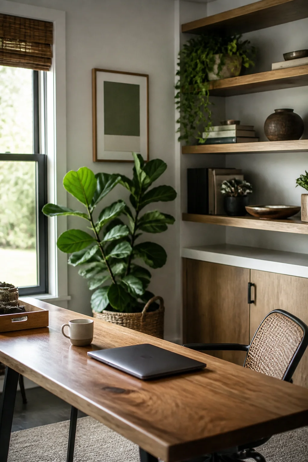 A reclaimed wood floating shelf above a desk holding books and a trailing pothos