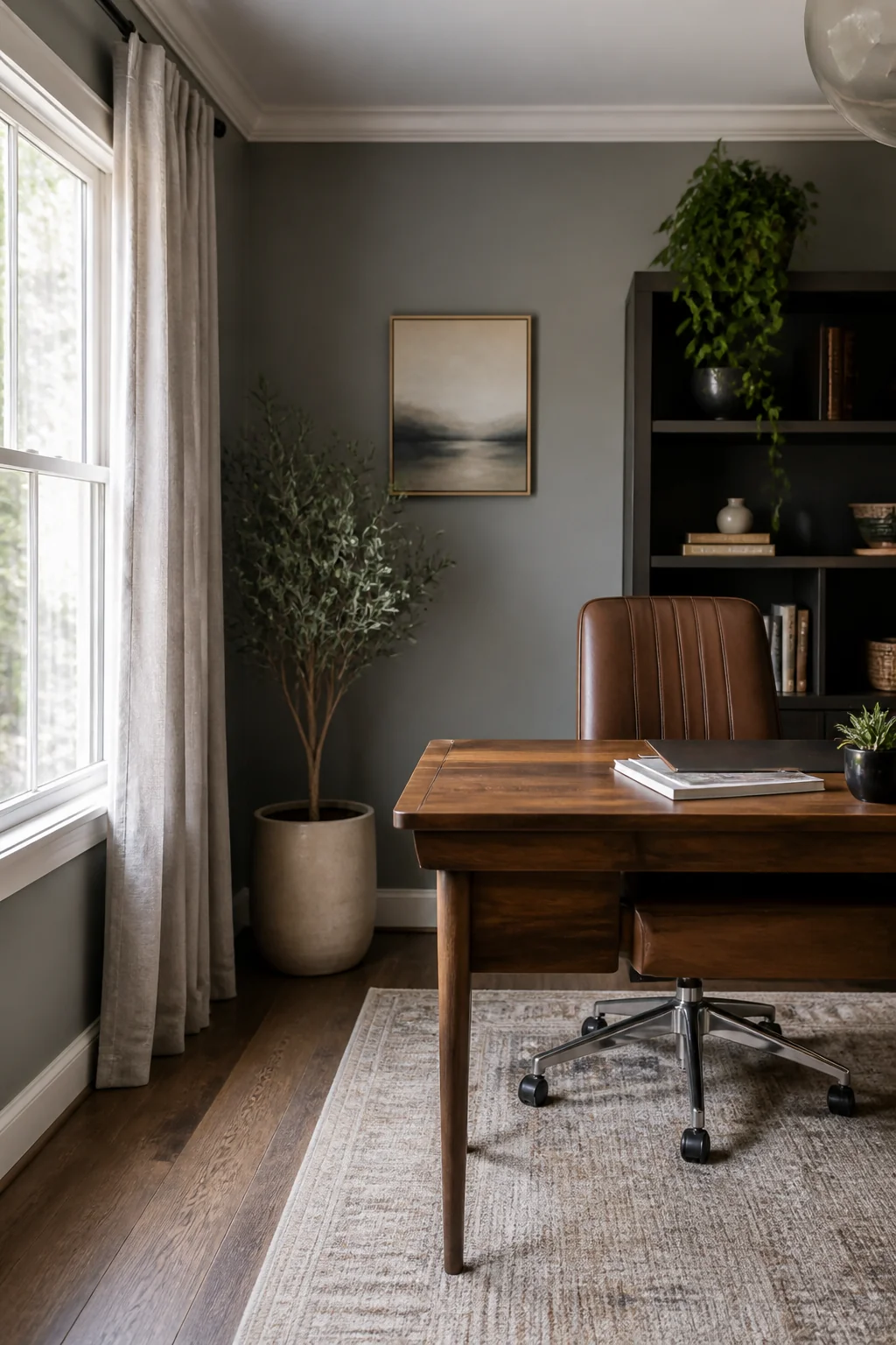 Acoustic panels and a floor length curtain softening the wall behind a desk