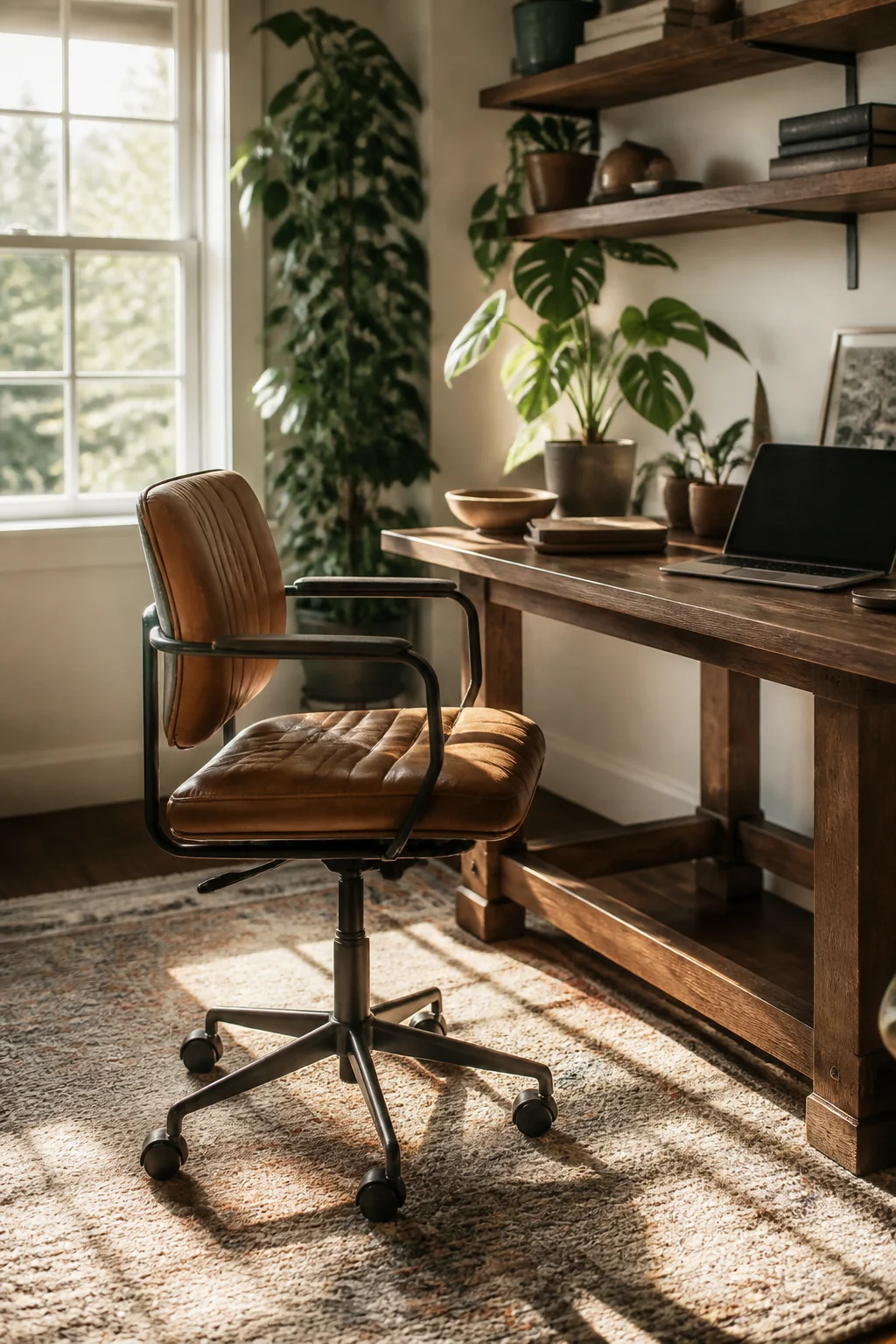 A finished home office corner with chair, dual screens, shelf and low pile rug