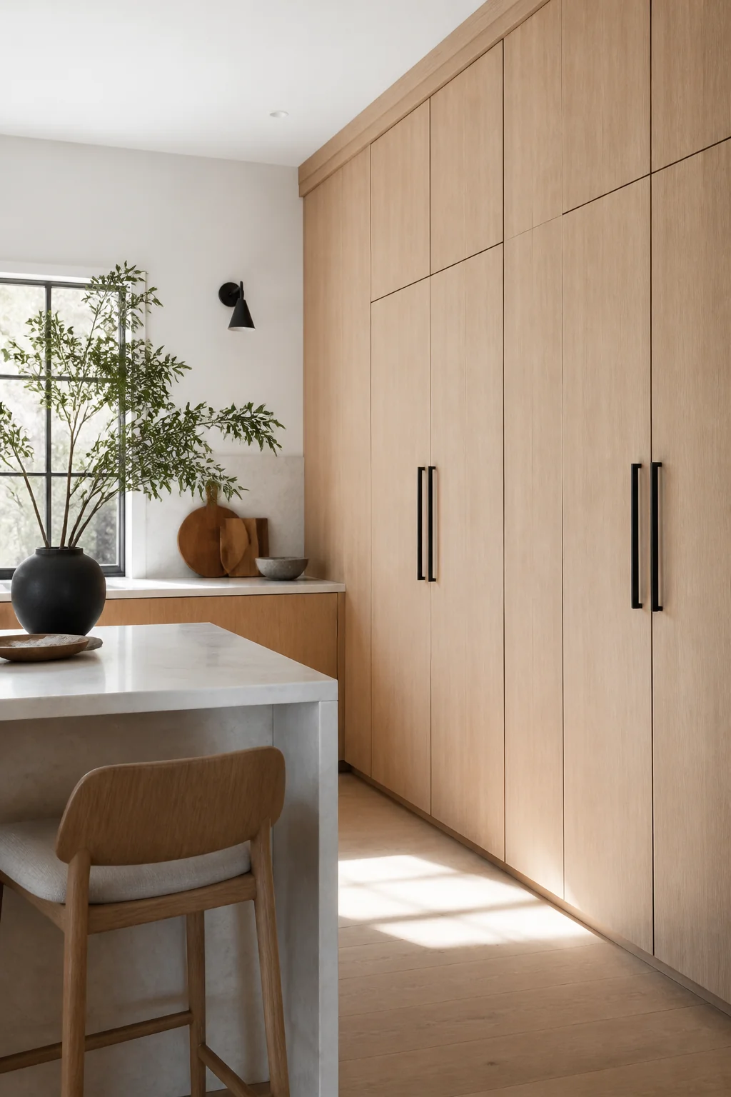 Run oak cabinet fronts from floor to ceiling