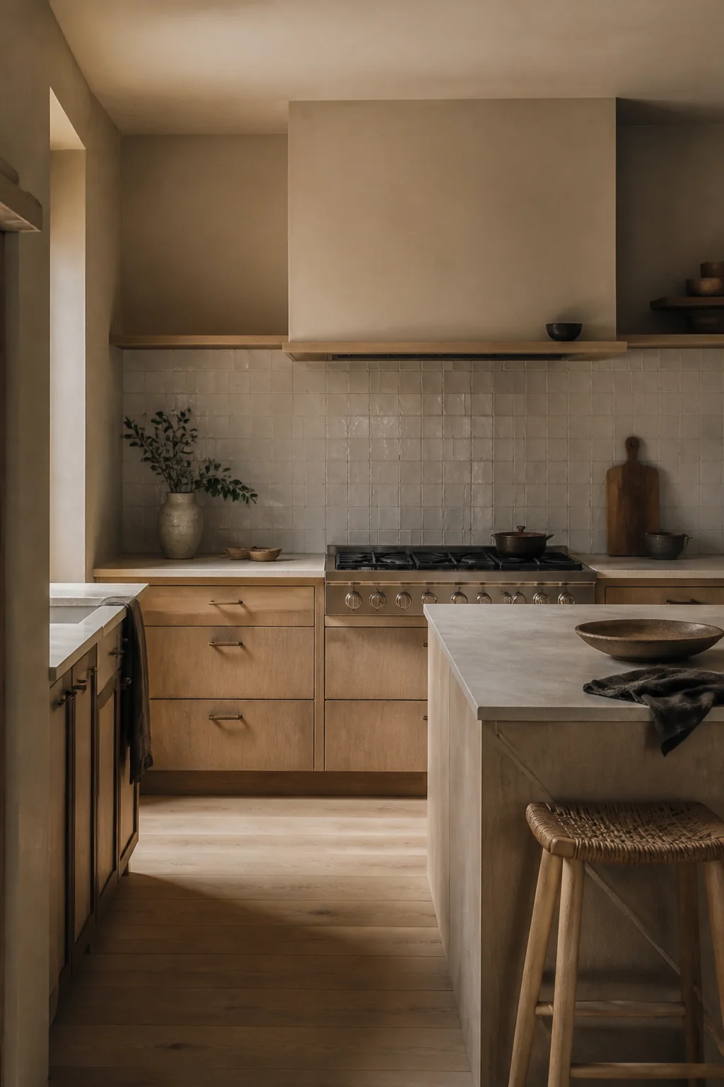 Use a soft clay tile or limewash behind the range