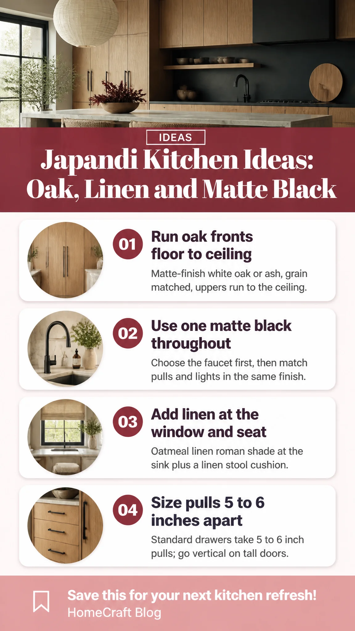 Infographic summary of 11 Calm Japandi Kitchen Ideas Built on Oak, Linen and Matte Black