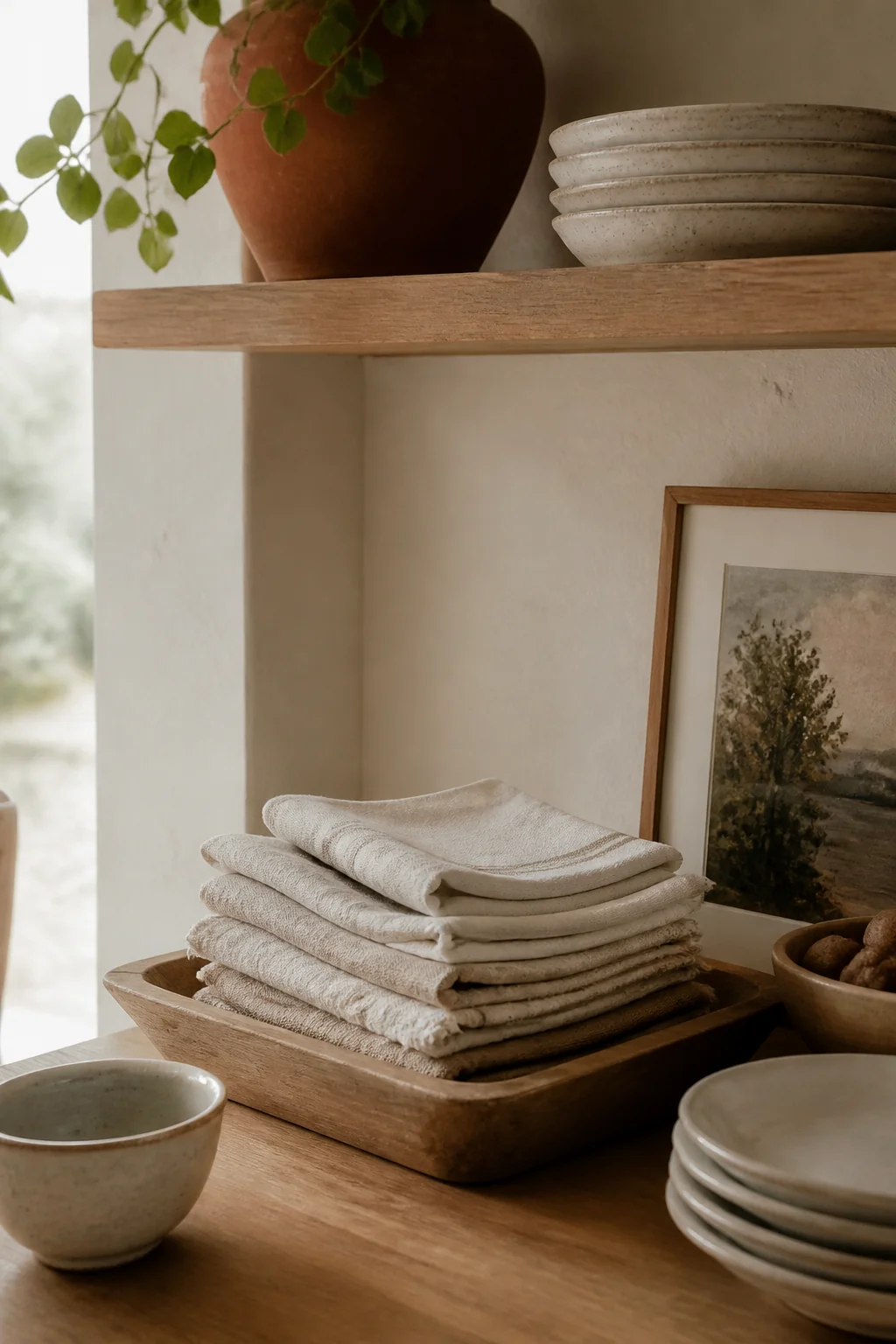 Stack linen napkins in a shallow wooden tray