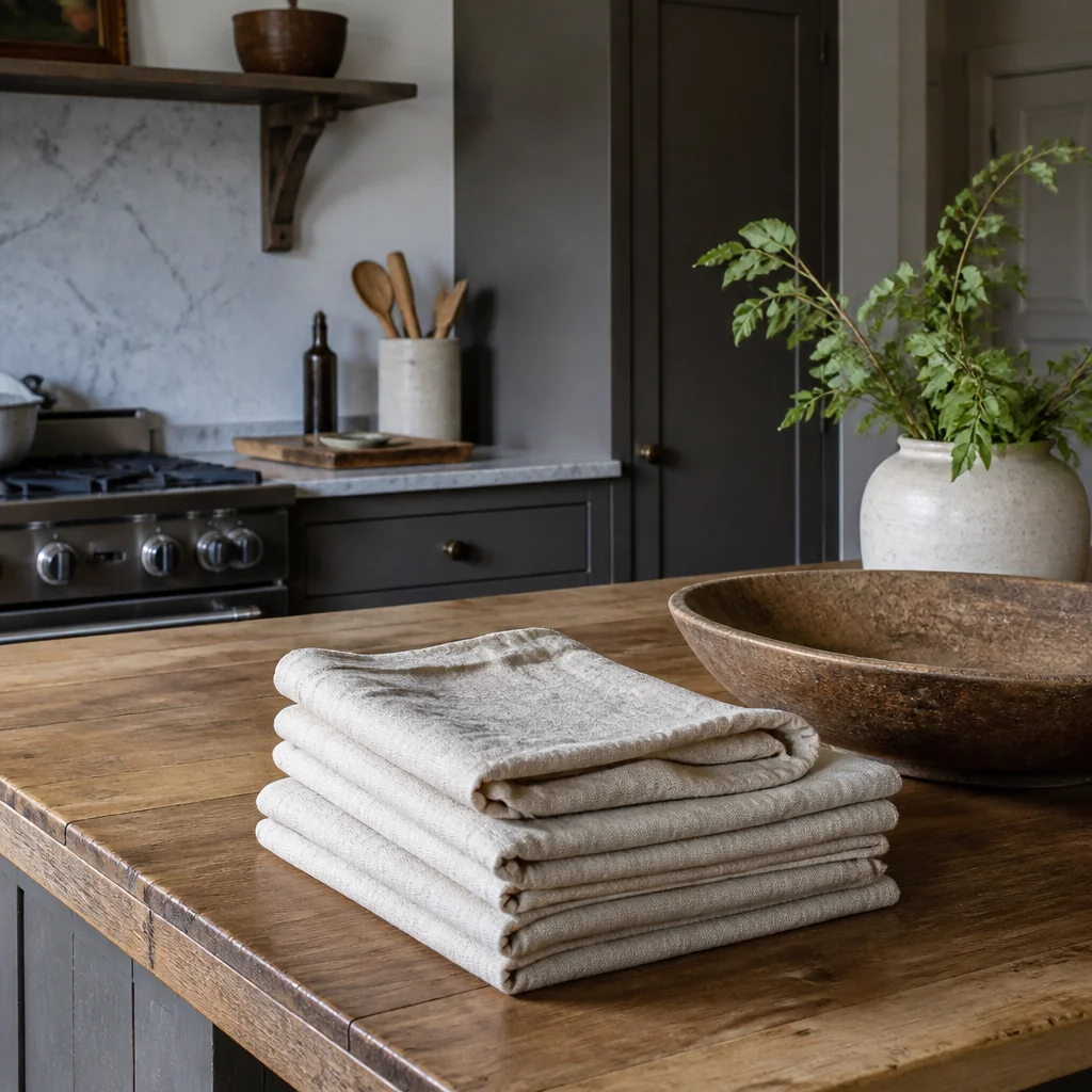 Stack folded dish towels in a linen color