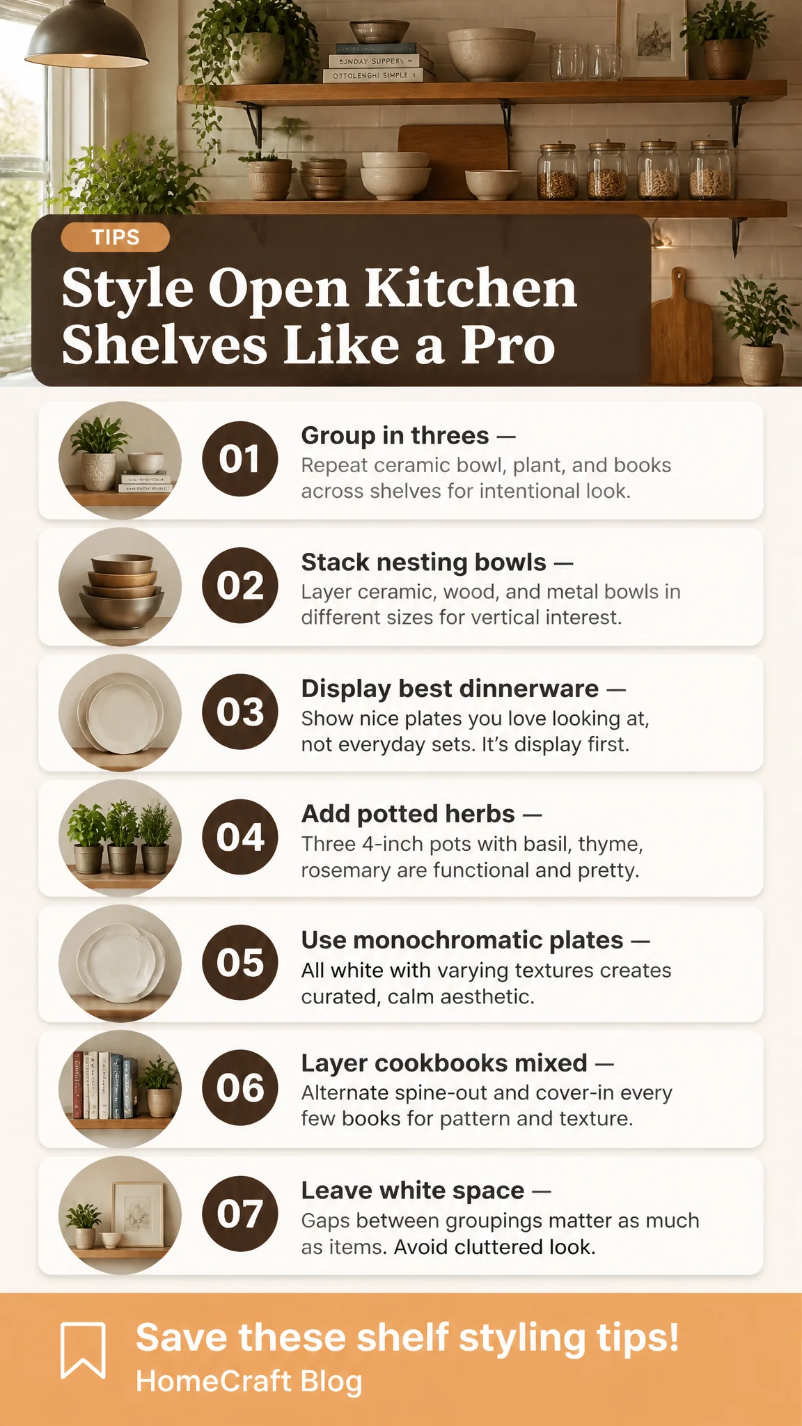 Infographic summary of 29 Kitchen Open Shelving Decor Ideas That Look Styled, Not Cluttered