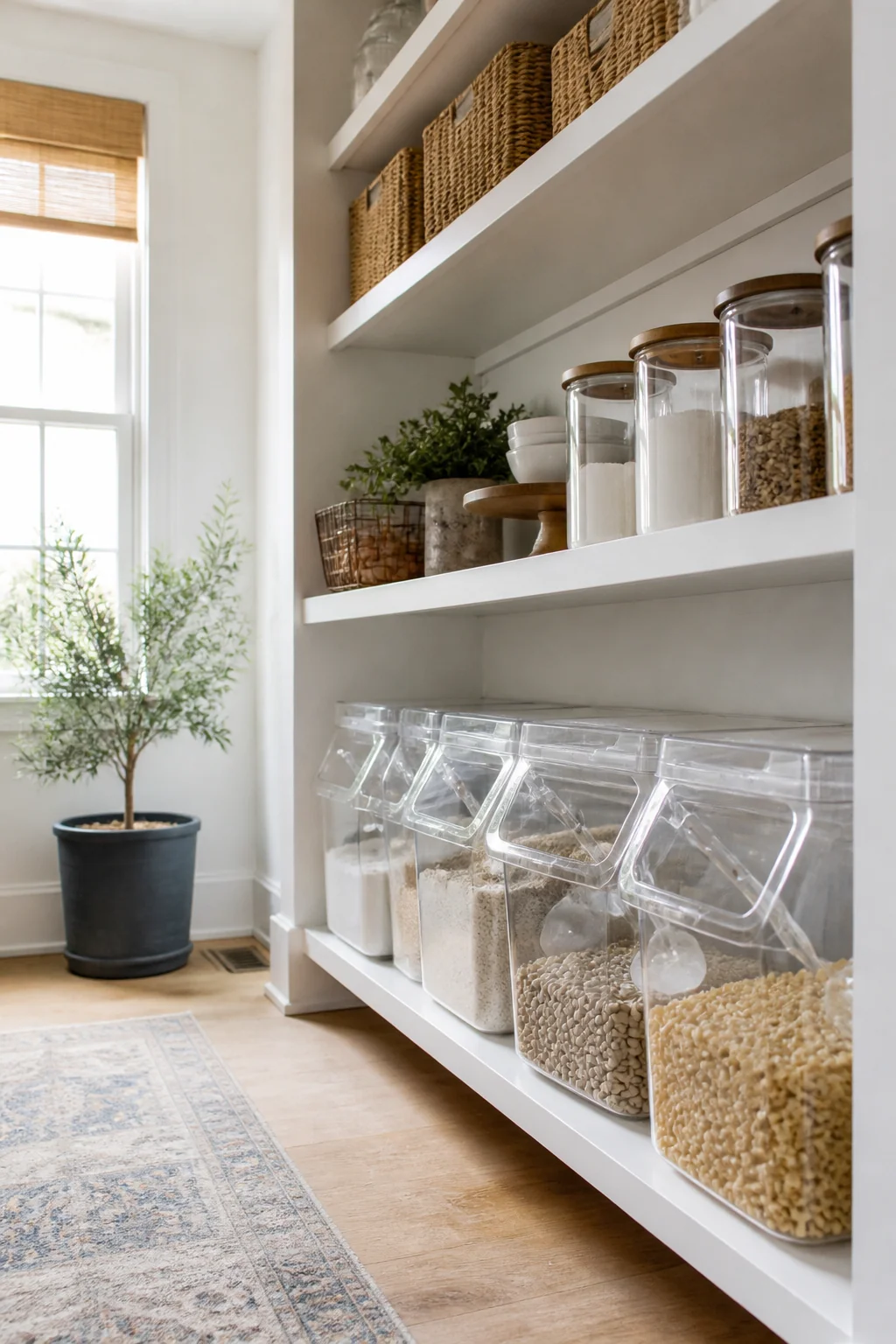 Bulk bins on the floor-level shelf