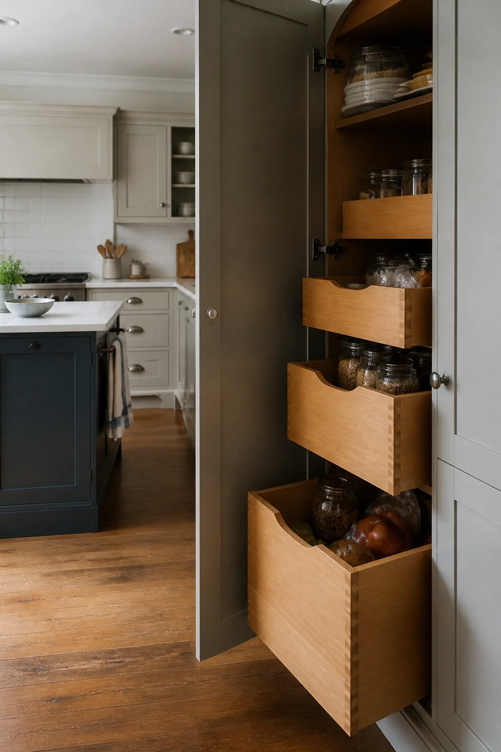 Pull-out drawers in a deep cabinet