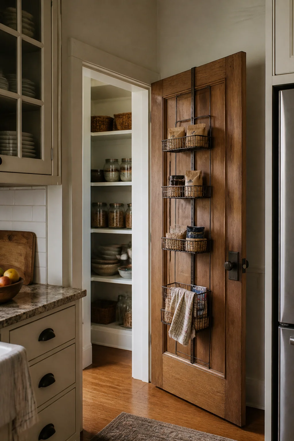 A rack on the back of the pantry door