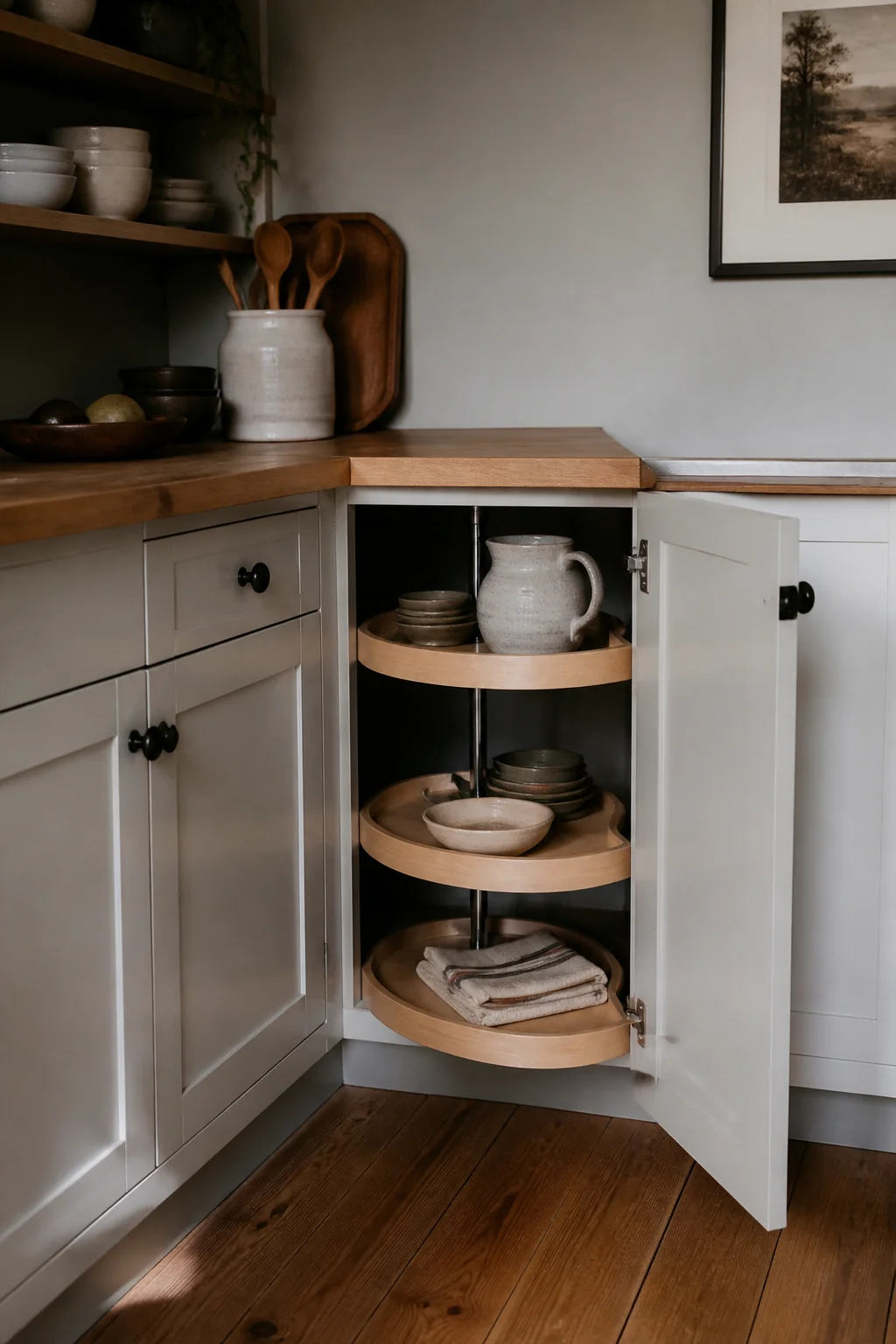 A corner lazy Susan that brings the back forward