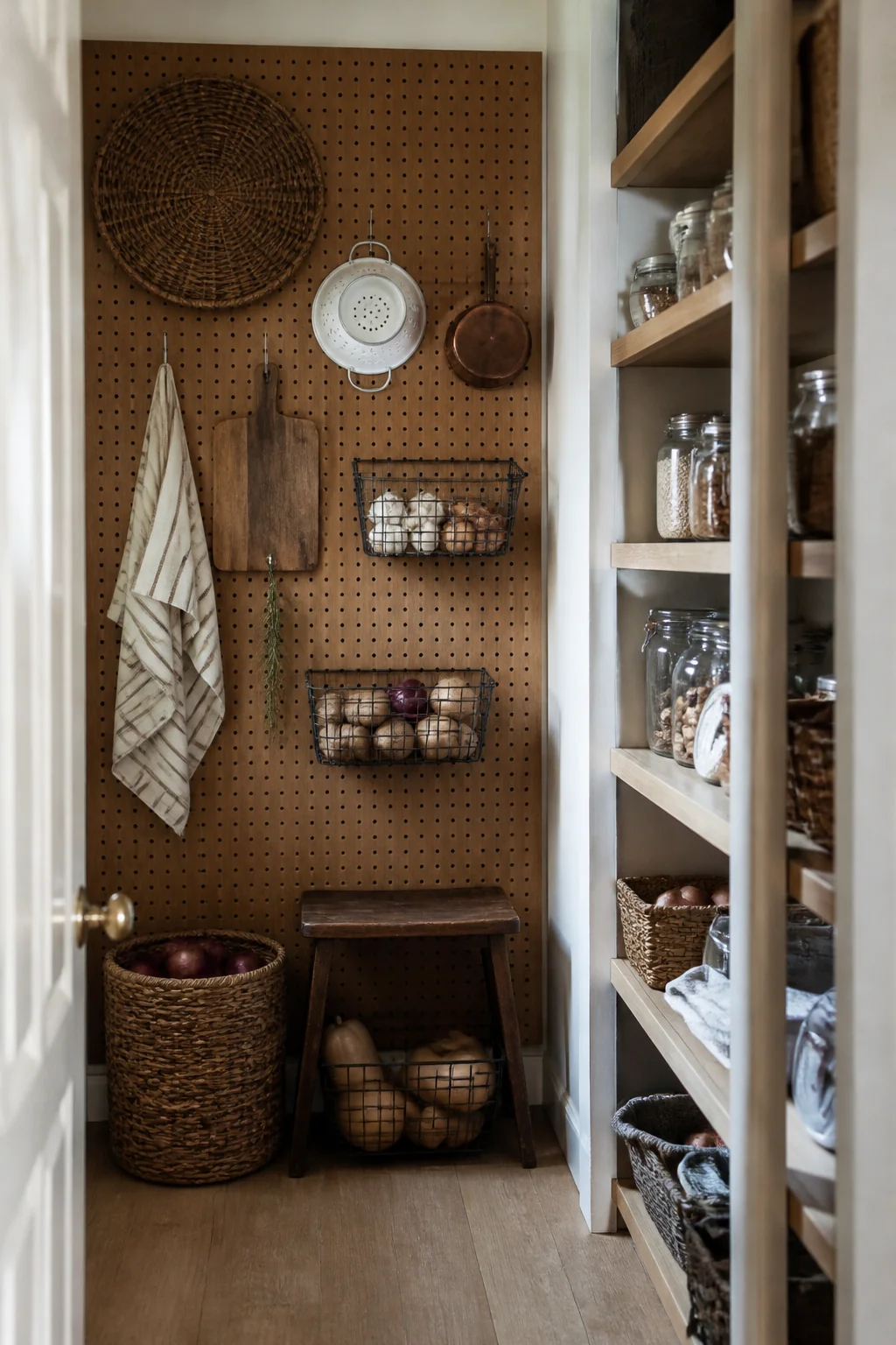 A pegboard wall in a walk-in pantry