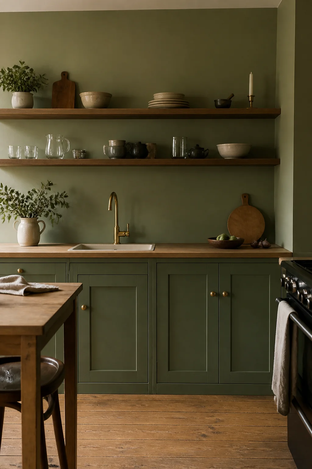 One color on the back wall and shelf fronts