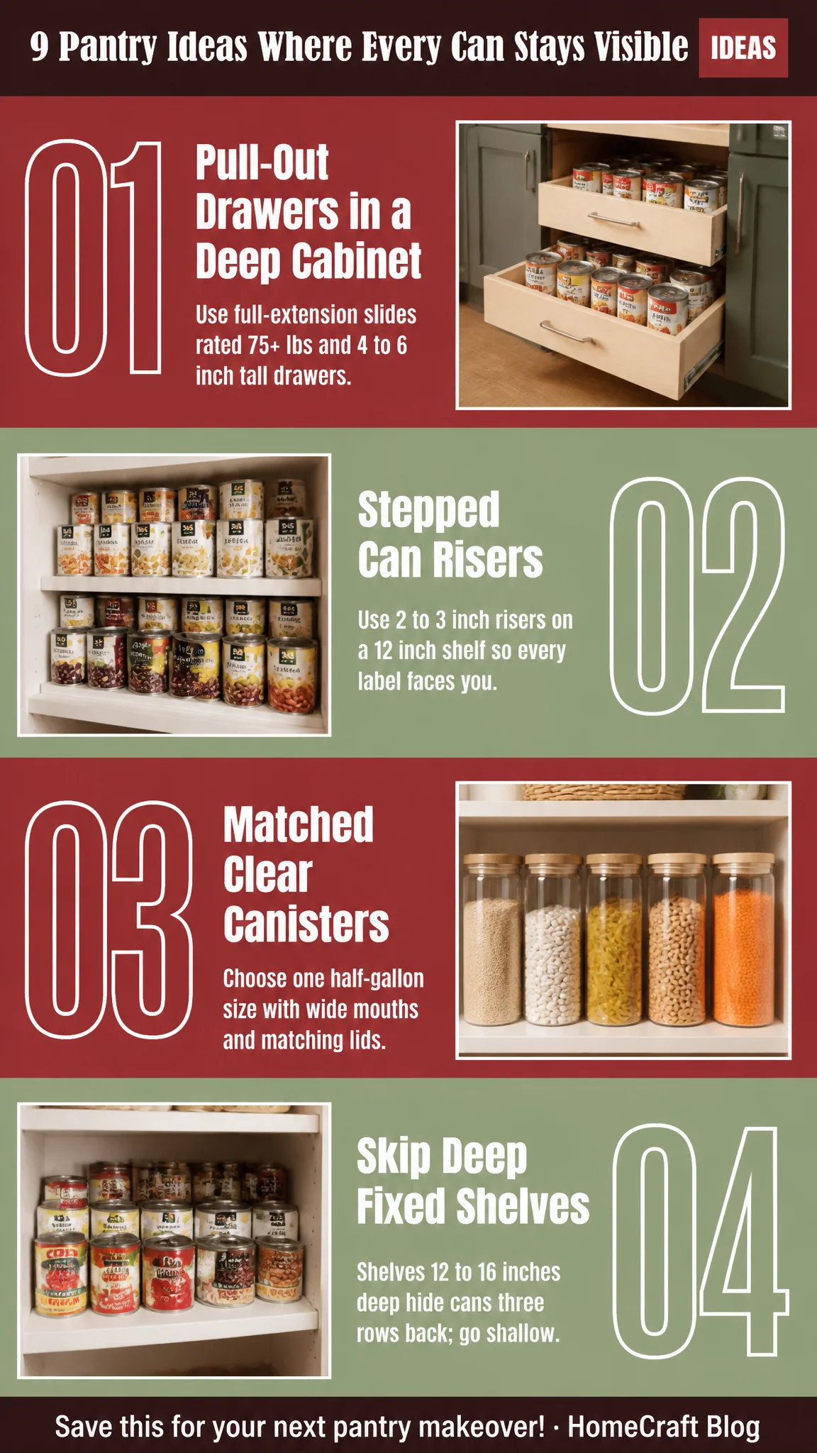 Infographic summary of 9 Neat Kitchen Pantry Organization Ideas Where Every Can Stays Visible