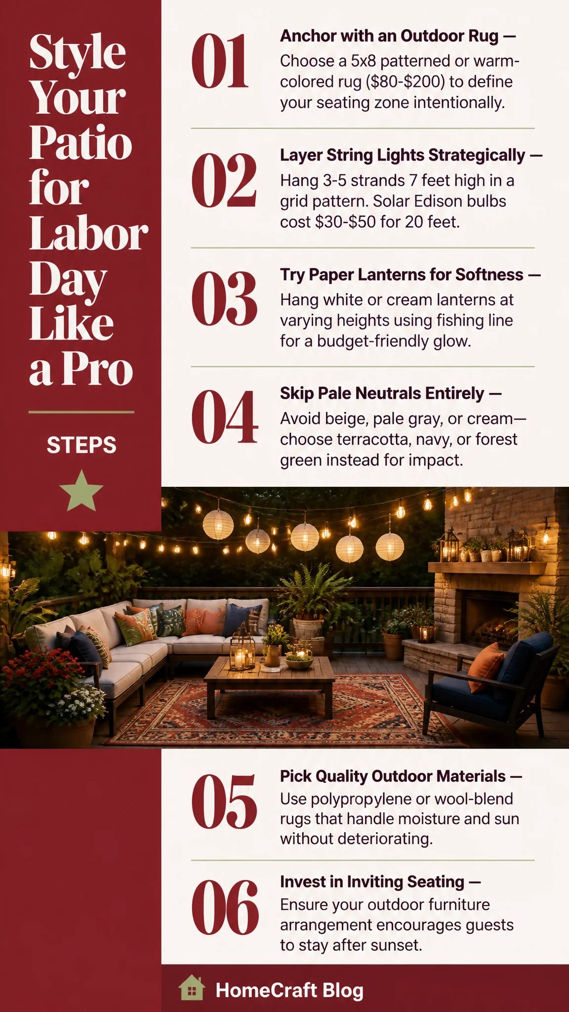 Infographic summary of How to Style Your Outdoor Space for Labor Day Like a Designer