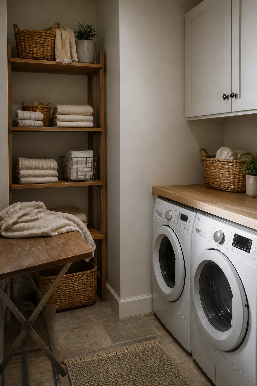 Open shelving in one corner keeps it from feeling closed off