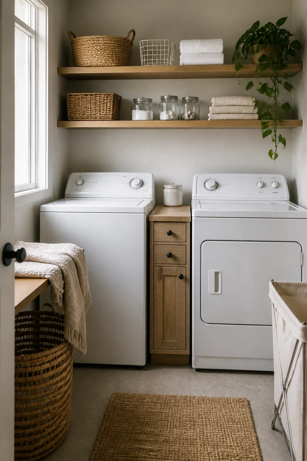 Narrow cabinets next to or between machines save space