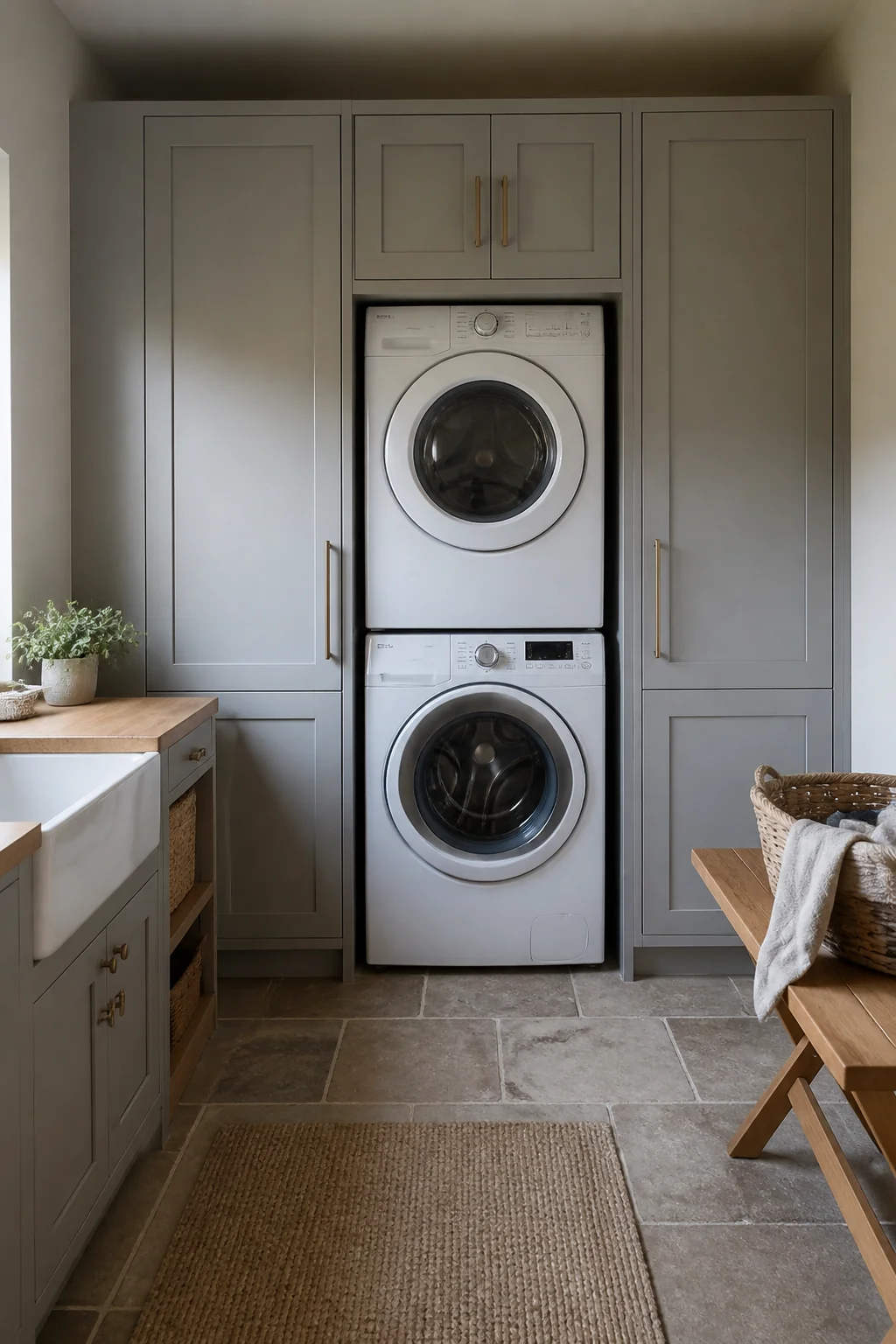 Tall cabinets flank a washer-dryer combo to use vertical waste
