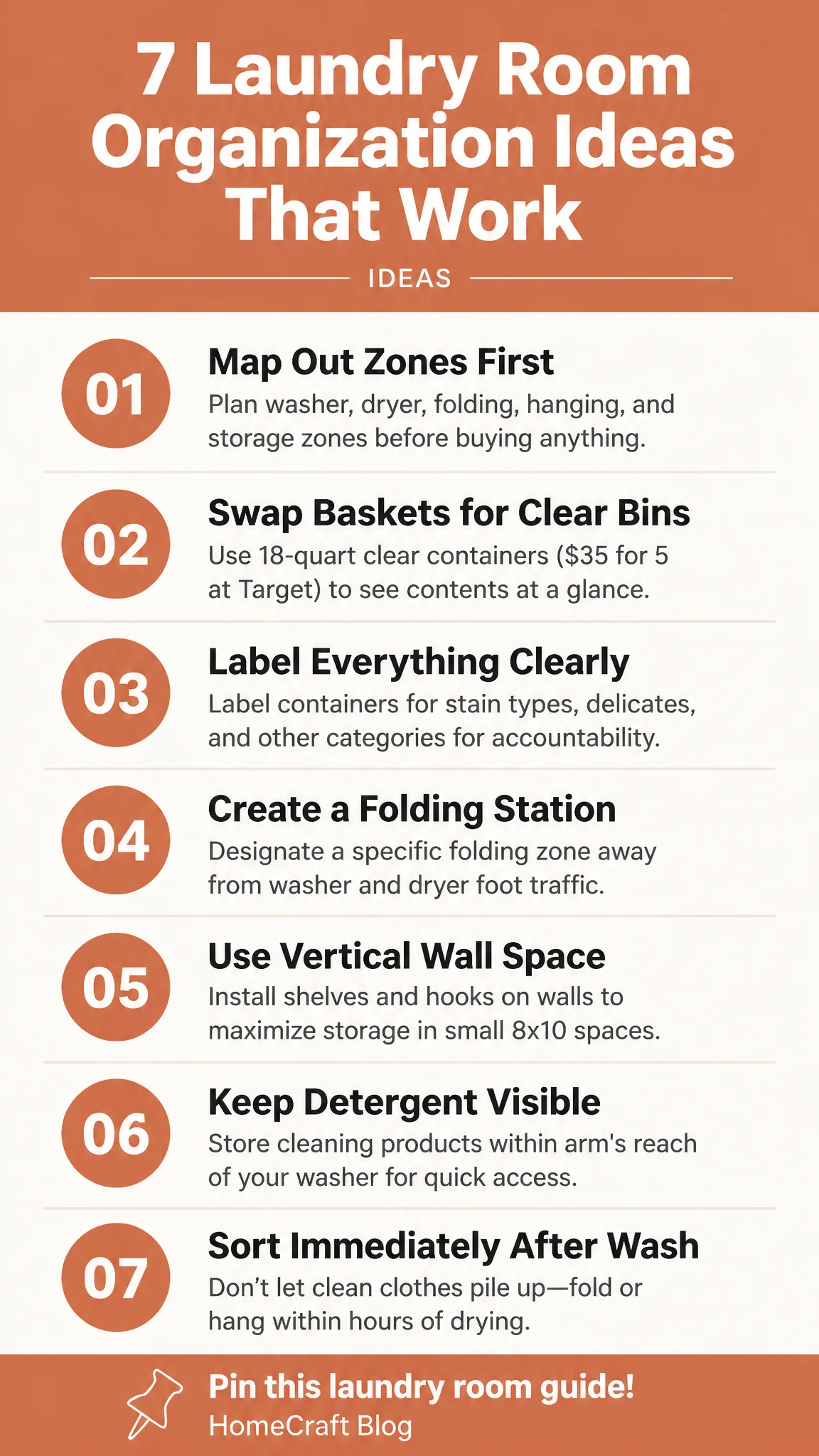 Infographic summary of 7 Laundry Room Organization Ideas That Hold Up Day to Day