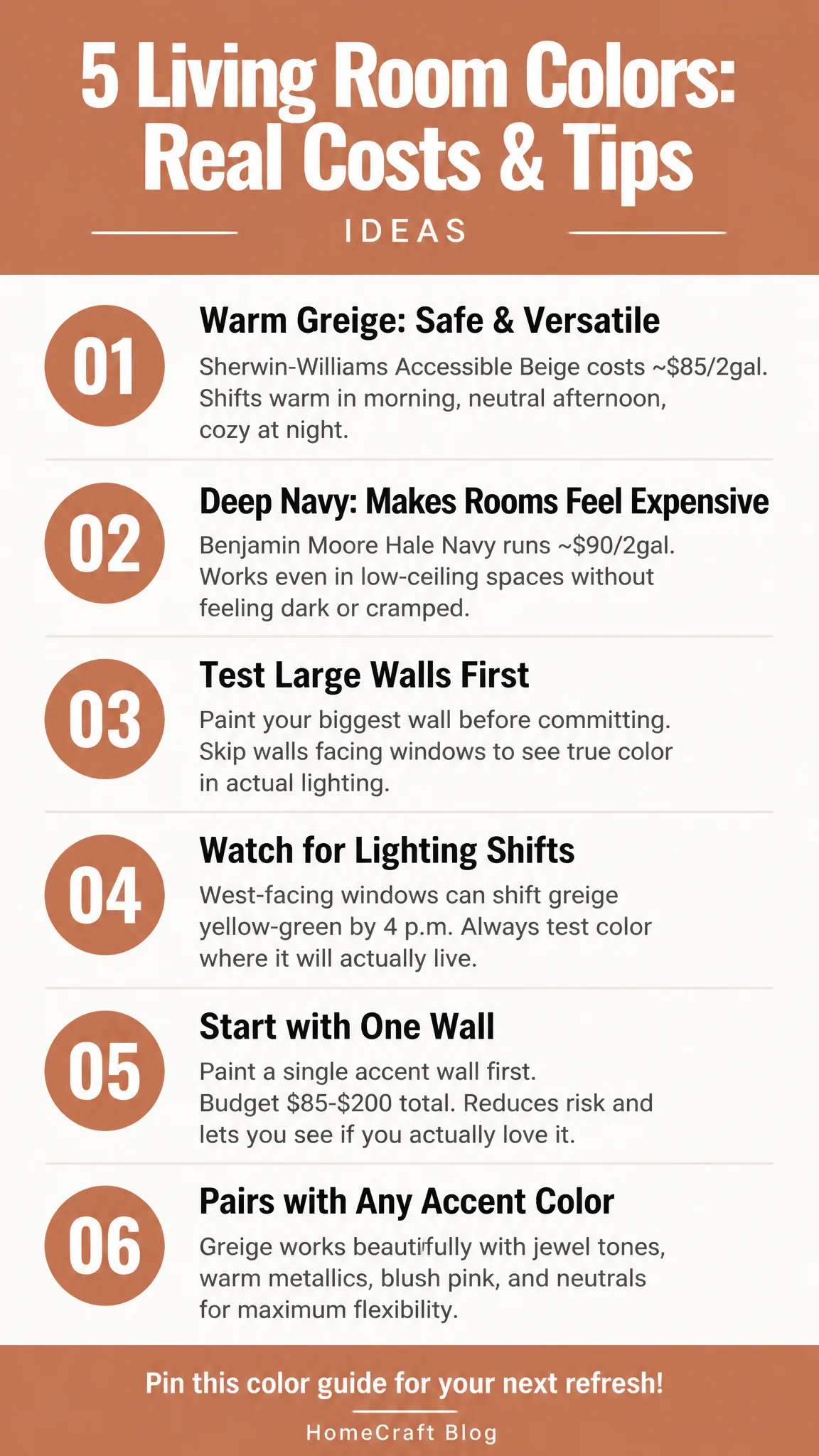 Infographic summary of 5 Living Room Color Ideas With Paint Names and Costs
