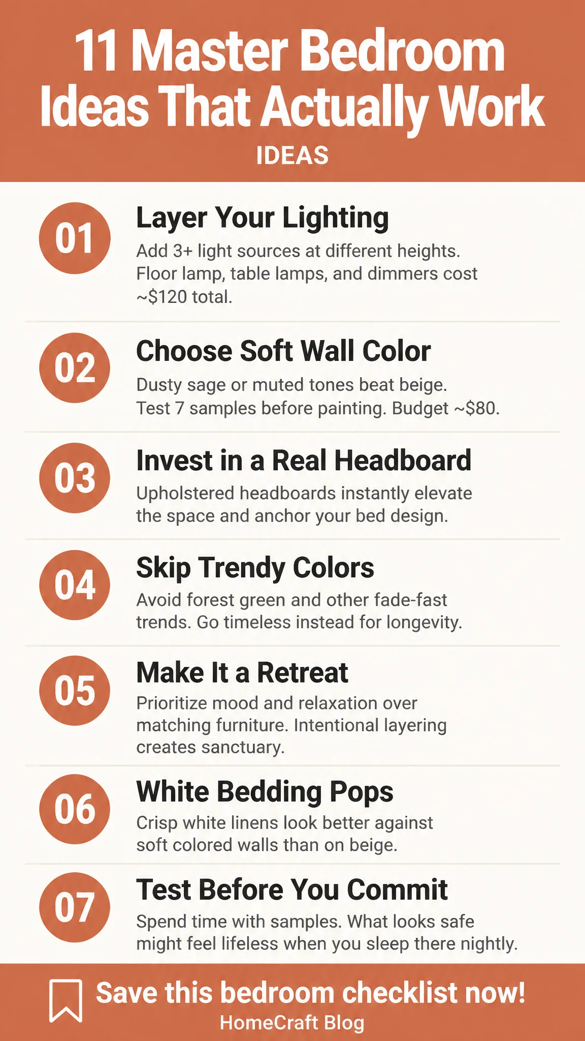 Infographic summary of 11 Master Bedroom Decor Ideas, and What Each One Costs