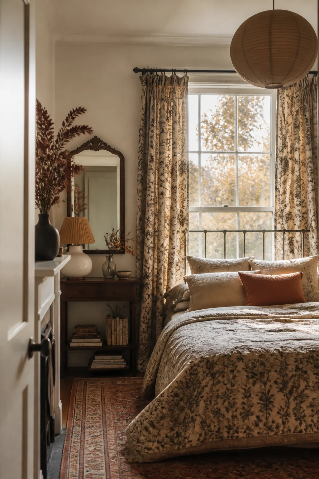 Curtains and the rod frame the window
