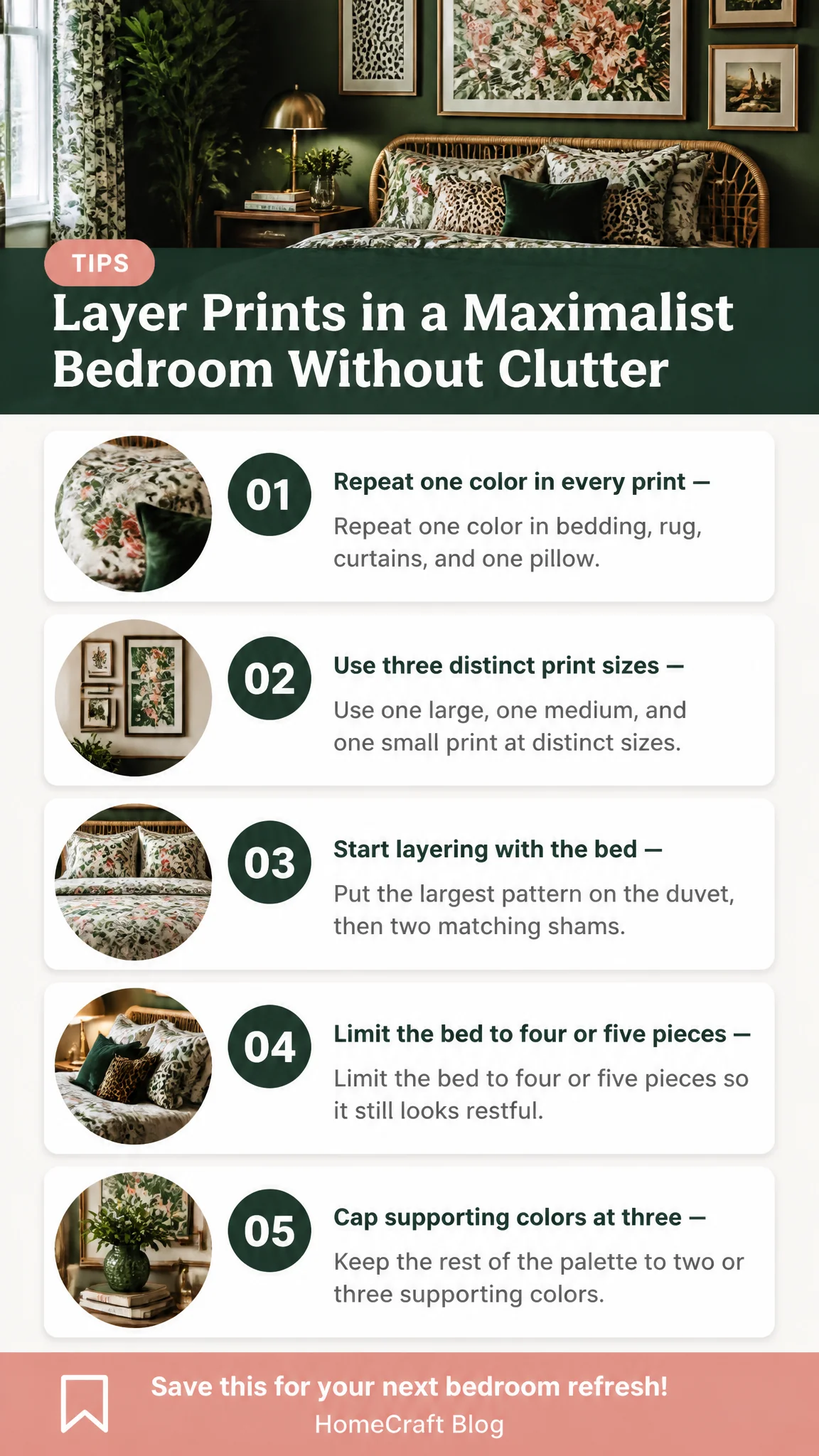 Infographic summary of Layering Prints in a Maximalist Bedroom Without Making It Feel Cluttered