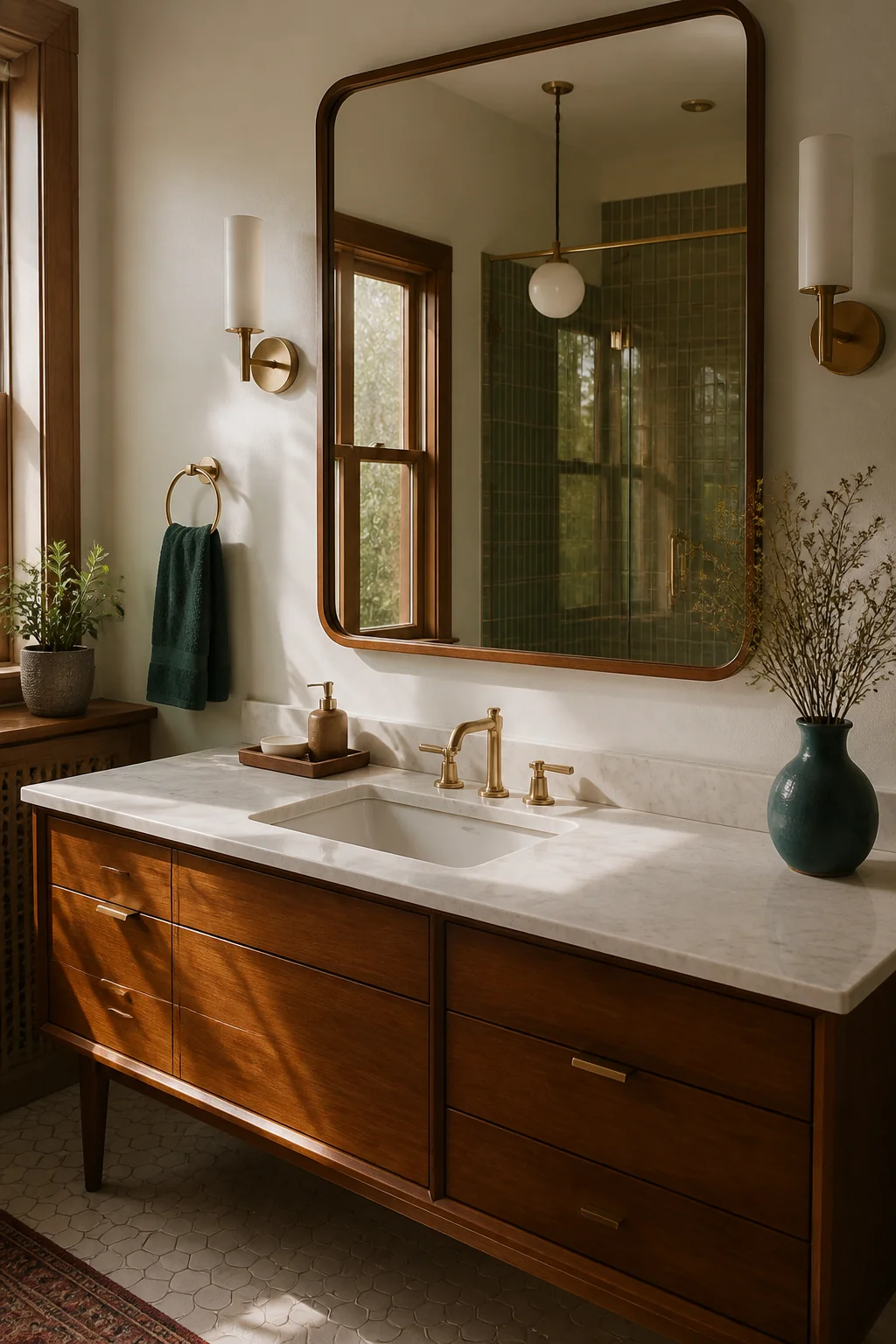 Hang a large mirror with a simple wood or metal frame