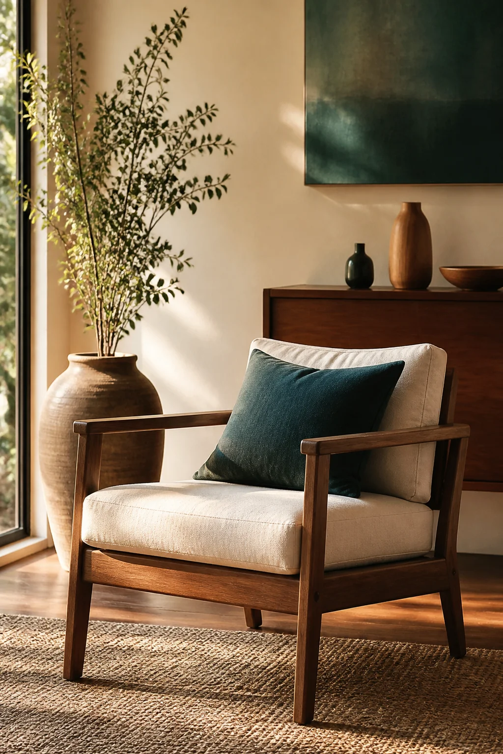 Add a wood-frame armchair with a seat-sized cushion
