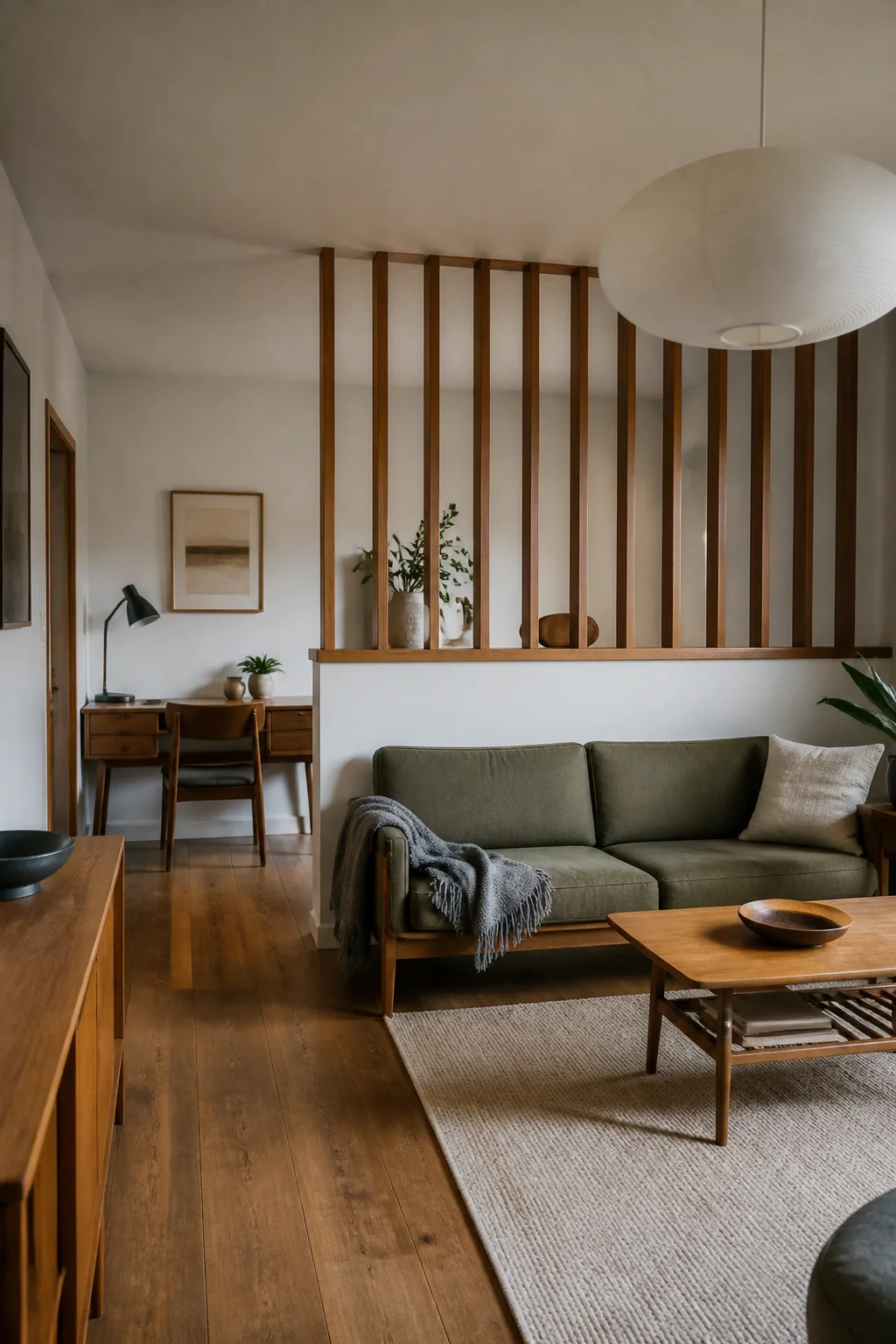 Divide the room with a half-height slatted screen