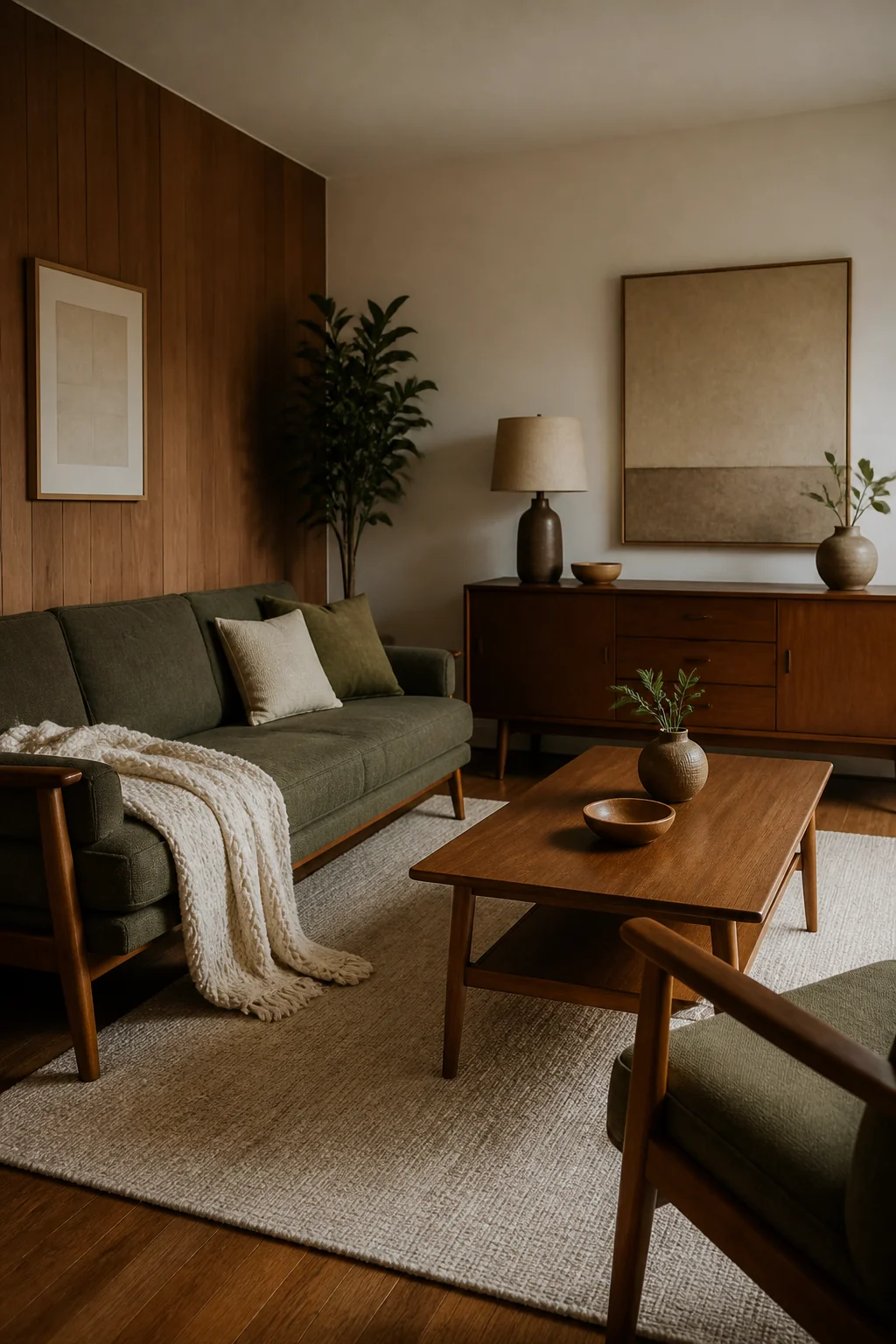Keep the whole room to walnut, olive, and cream