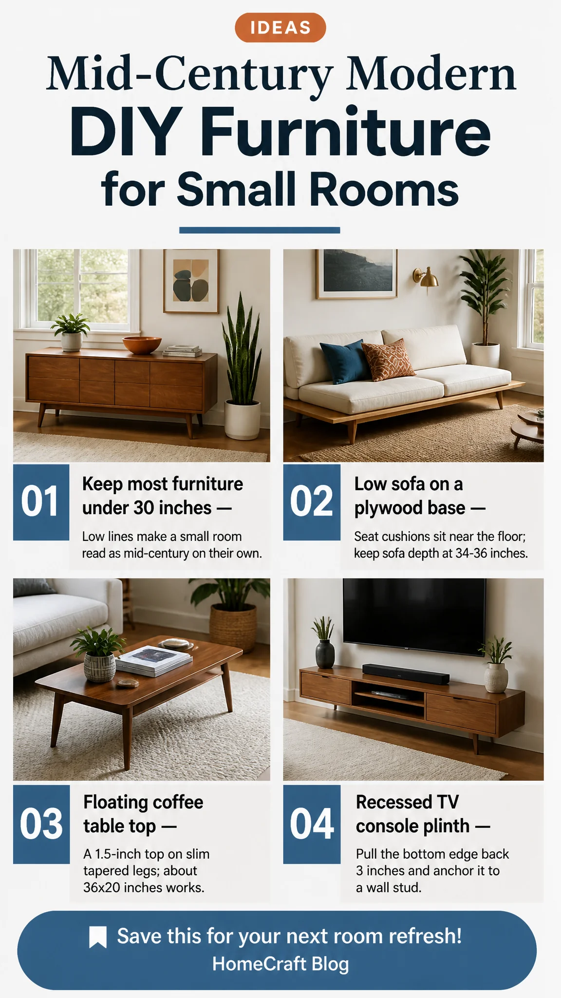 Infographic summary of 15 Mid-Century Modern DIY Furniture Ideas for Small Apartment Living Rooms