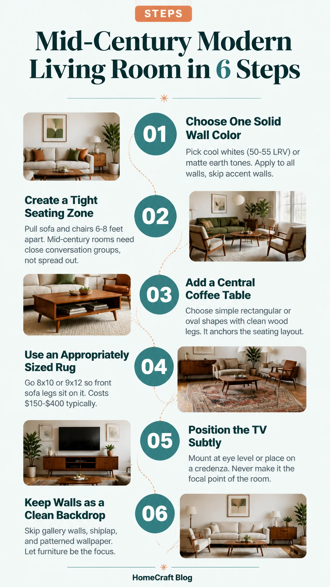 Infographic summary of How to Get the Mid-Century Modern Living Room Look Step by Step