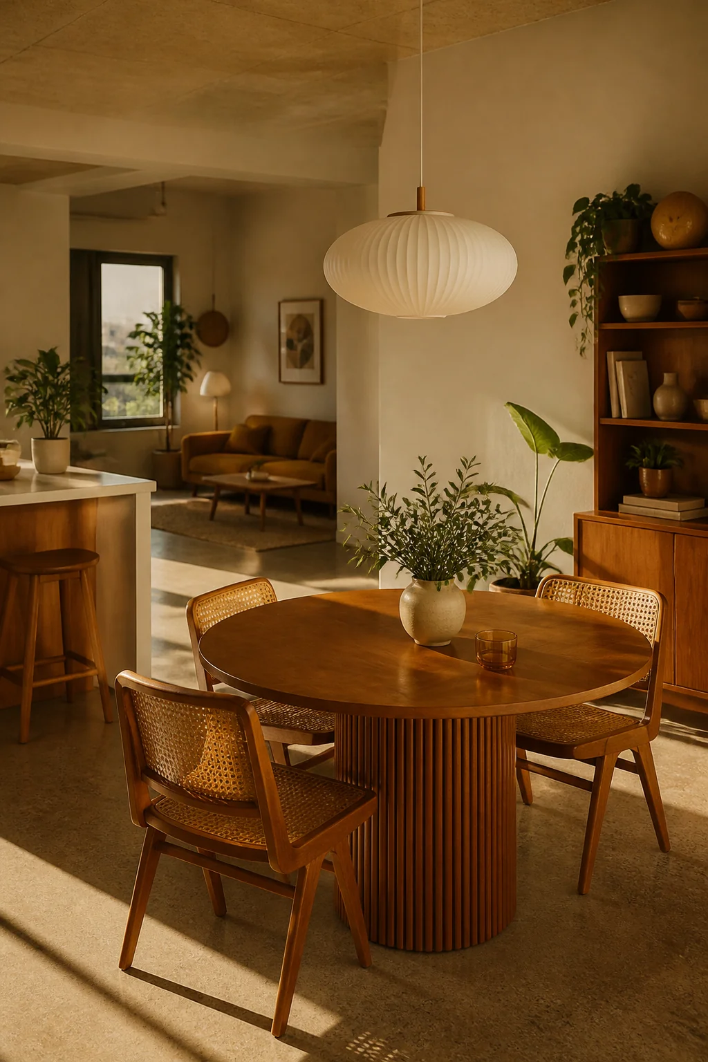 Hang a rattan or opal pendant over the table