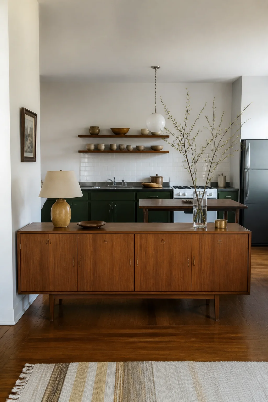 Hang a long walnut credenza as the kitchen edge